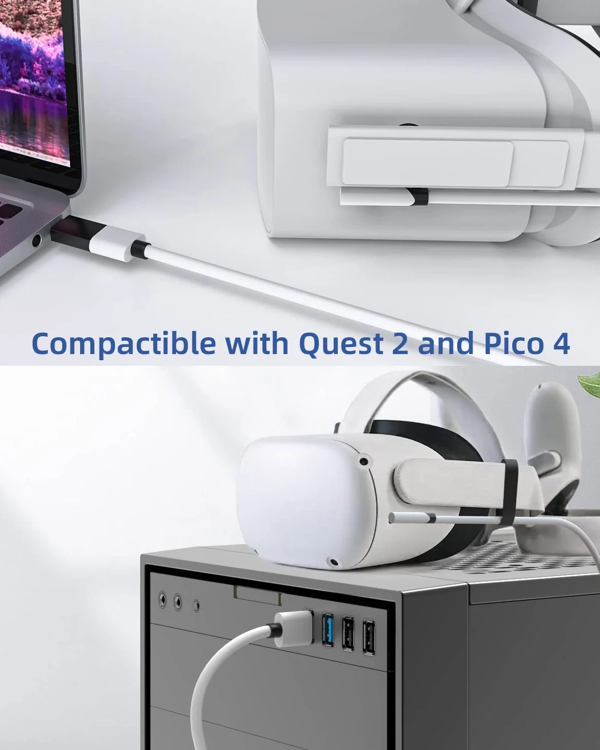 Kabel Link 5 m kompatybilny z Meta Quest 3/Quest 2/Pro, PICO4/Pro, kabel PC z transmisją danych 5 Gb/s, kabel USB 3.0 na typ do zestawu słuchawkowego VR i komputera gamingowego