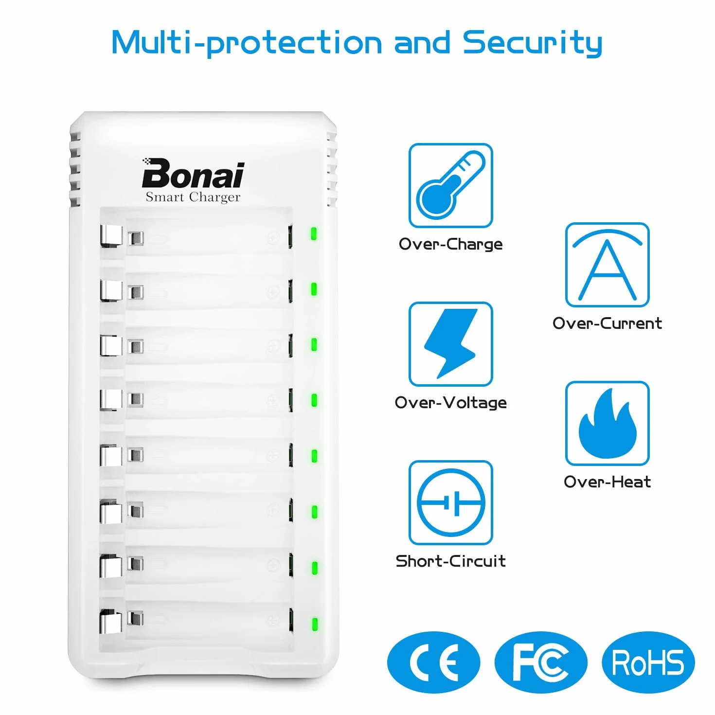 BONAI Ładowarka do akumulatorów 8 gniazd AAA AA Micro USB 2800 mAh 1100 mAh