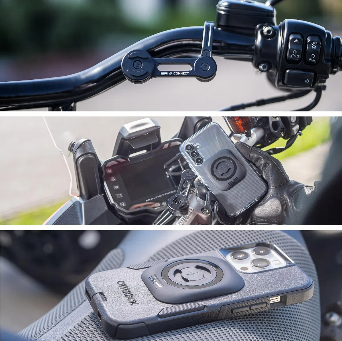 SP Connect Uniwersalny motocyklowy uchwyt na telefon komórkowy, uchwyt na smartfona do motocykla i motoroweru, obrotowy zamek, solidny uchwyt zaciskowy, akcesoria dla motocyklistów