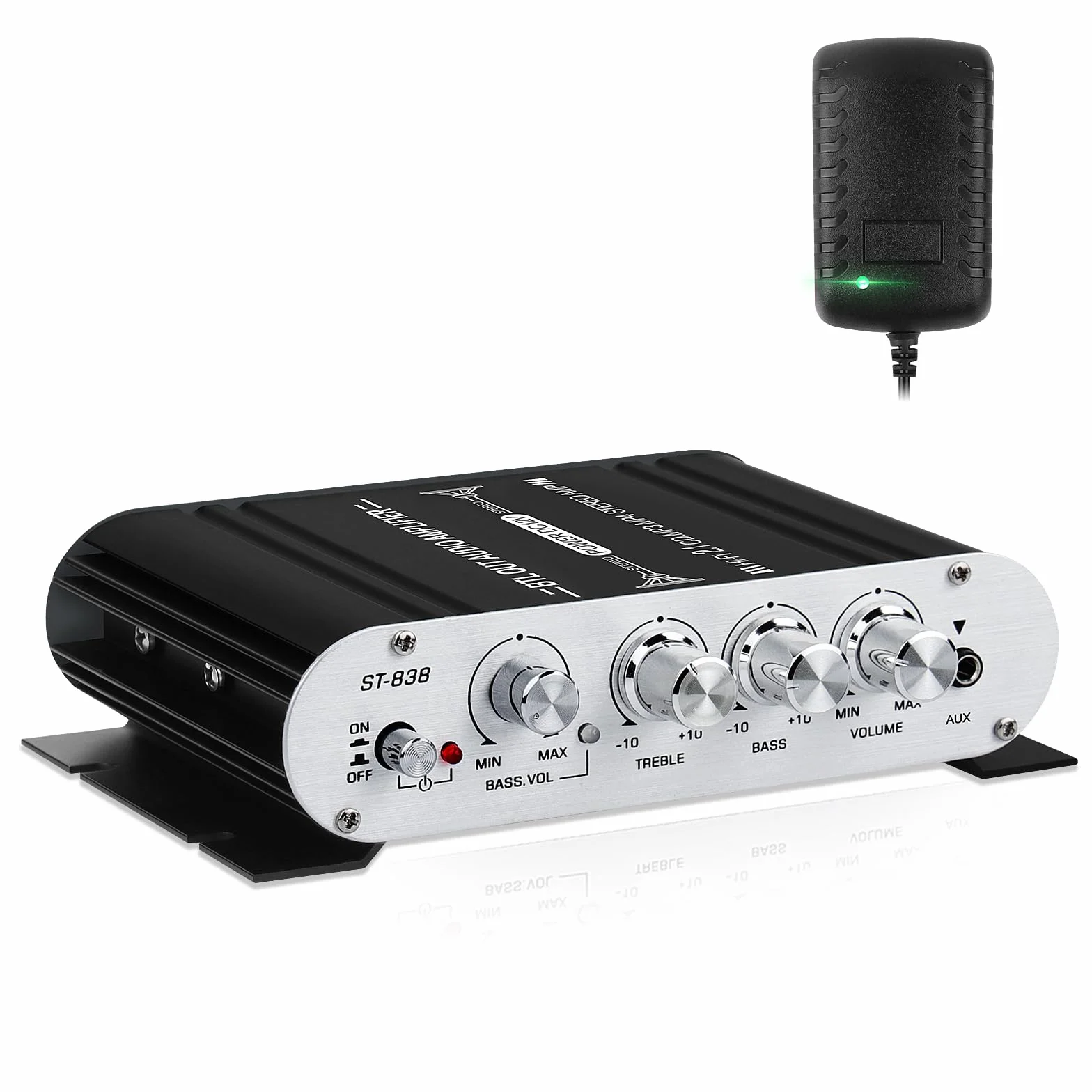Wzmacniacz audio HiFi, wzmacniacz stereo 2.1 CH, RMS 20 W x 2 + 40 W ST-838 z wyjściem subwoofera, klasa D mini wzmacniacz cyfrowy z AUX do domu, czarny (z adapterem