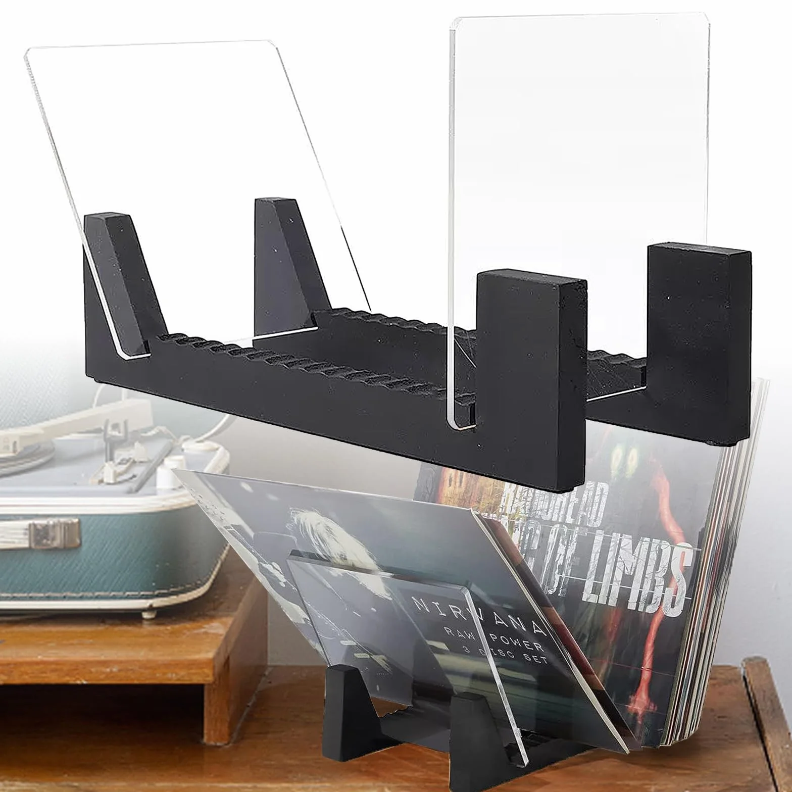 Winylowy organizer na płyty LP, płyta winylowa, stojak, przechowywanie do 50 albumów lub płyt CD, podstawa z litego drewna ze szkłem akrylowym, kolor czarny