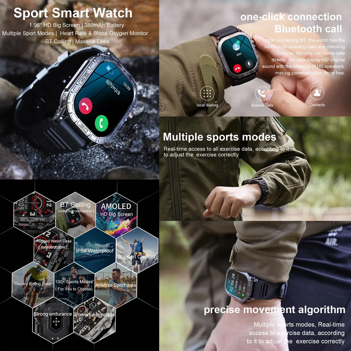 Smartwatch męski z funkcją telefonu, Smart Watch 1,96" AMOLED z połączeniami telefonicznymi Bluetooth 5ATM, wodoszczelny zegarek fitness z monitorem tętna, monitorem snu, krokomierzem, zegarek