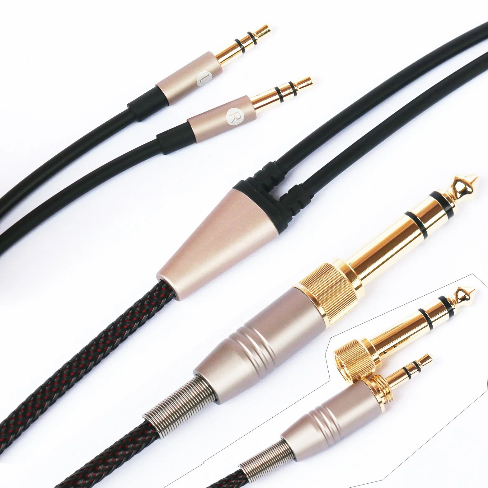 Kabel zamienny kompatybilny ze słuchawkami Hifiman Sundara, Arya, Ananda, HE4XX, HE-400i w wersji z podwójnym złączem 3,5 mm, przejściówka od słuchawkowego jacka 3,5 mm / 6,35 mm do podwójnego jacka męskiego 3,5 mm, przewód 2 m