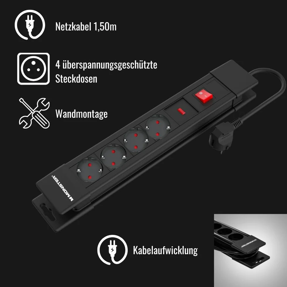 Monster – ochrona odgromowa ochrona przeciwprzepięciowa 4 AC FR – ochrona 608 J – eliminuje zakłócenia sieciowe – poprawia obraz i dźwięk – 1,50 m
