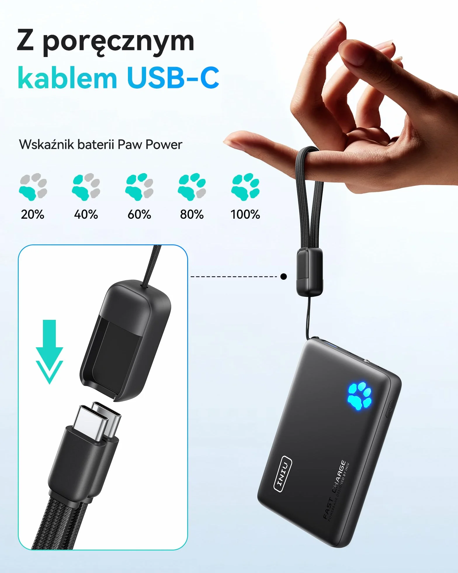 INIU Power Bank, powerbank 45 W, 10 000 mAh, najlżejszy i mały, ale mocny (USB C In& Out), PD3.0 zewnętrzne akumulatory do telefonów komórkowych z lampą błyskową, kompatybilne z iPhone 17 16 15 Pro