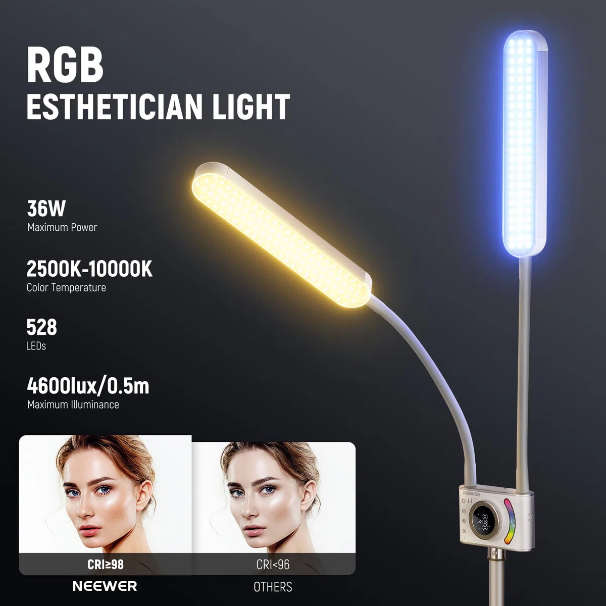 NEEWER BH40C Zestaw RGB, zestaw pałeczek świetlnych RGB, sterowanie aplikacją/paskiem dotykowym, dwuramieniowe oświetlenie wideo LED, uchwyt na telefon/statyw/torbę, 2500K-10000K 18 scen do tatuażu i