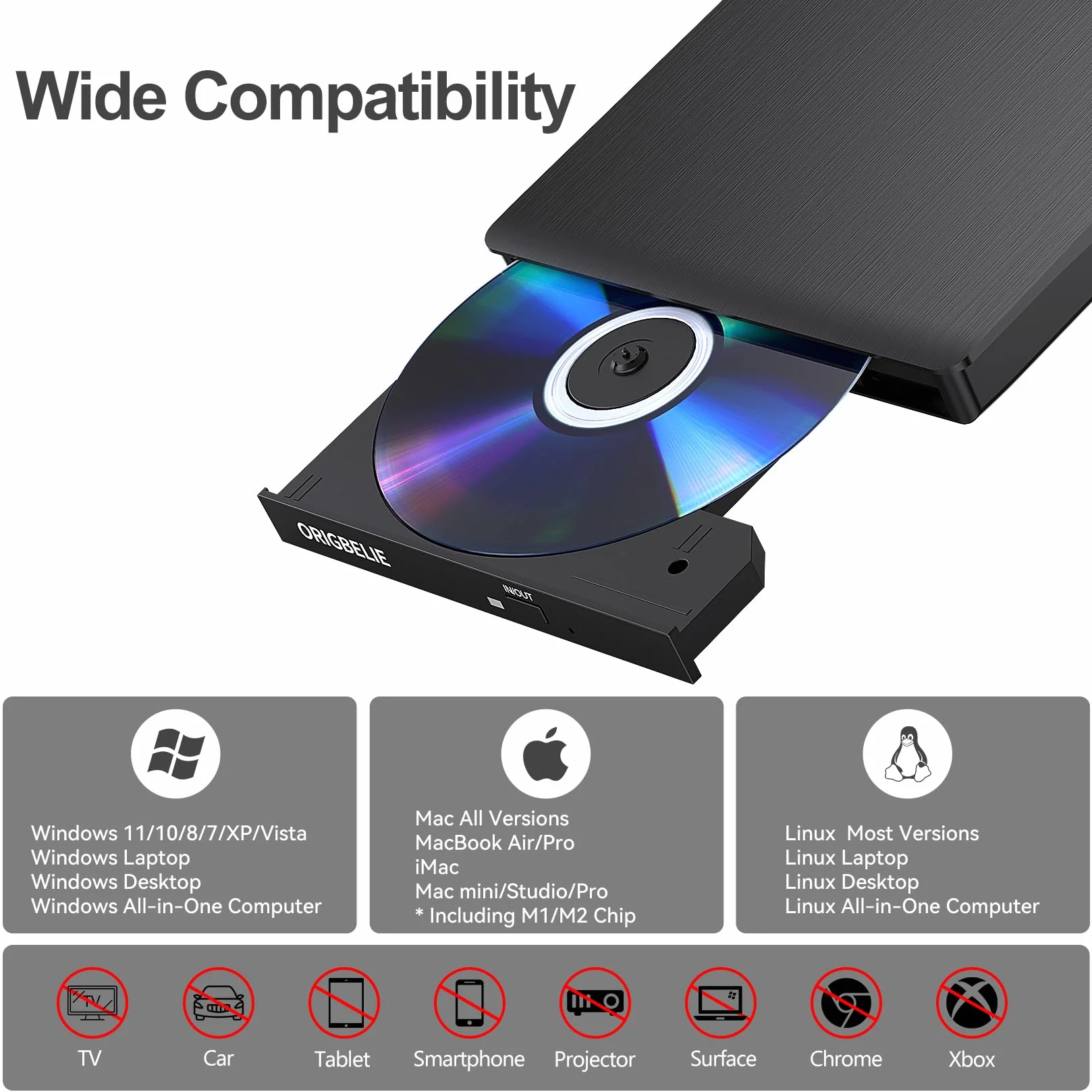 ORIGBELIE Zewnętrzny napęd CD/DVD dla laptopa, USB 3.0 nagrywarka CD +/-RW CD ROM Zewnętrzny napęd DVD Przenośny odtwarzacz DVD dla laptopa, komputera stacjonarnego PC Apple Mac Windows 11/10/8/7/XP