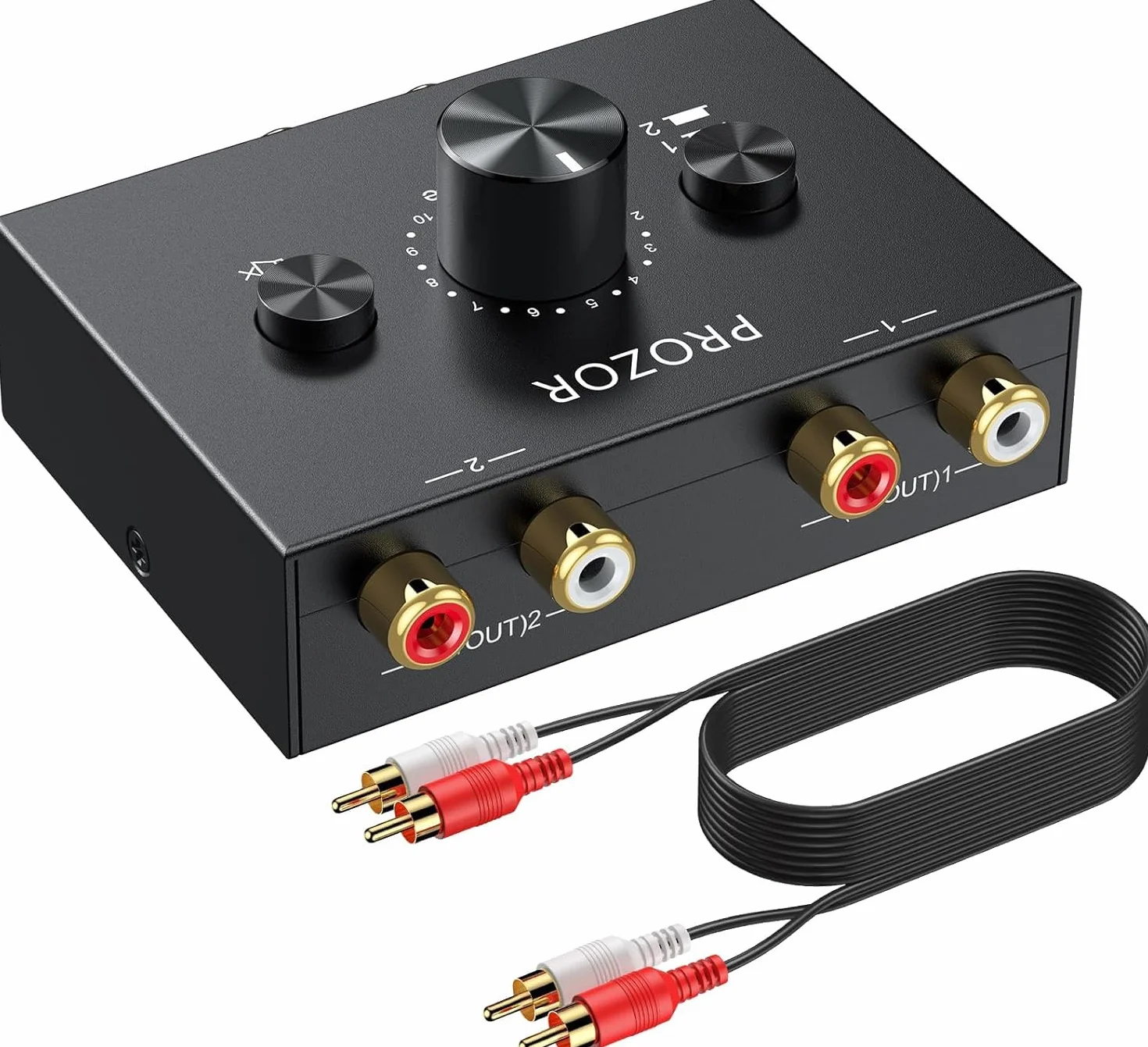 PROZOR Przełącznik audio stereo RCA 2 (1)-w-1(2)-wyjście dwukierunkowy przełącznik audio stereo R/L z przyciskiem wyciszenia i nie wymaga zasilania zewnętrznego