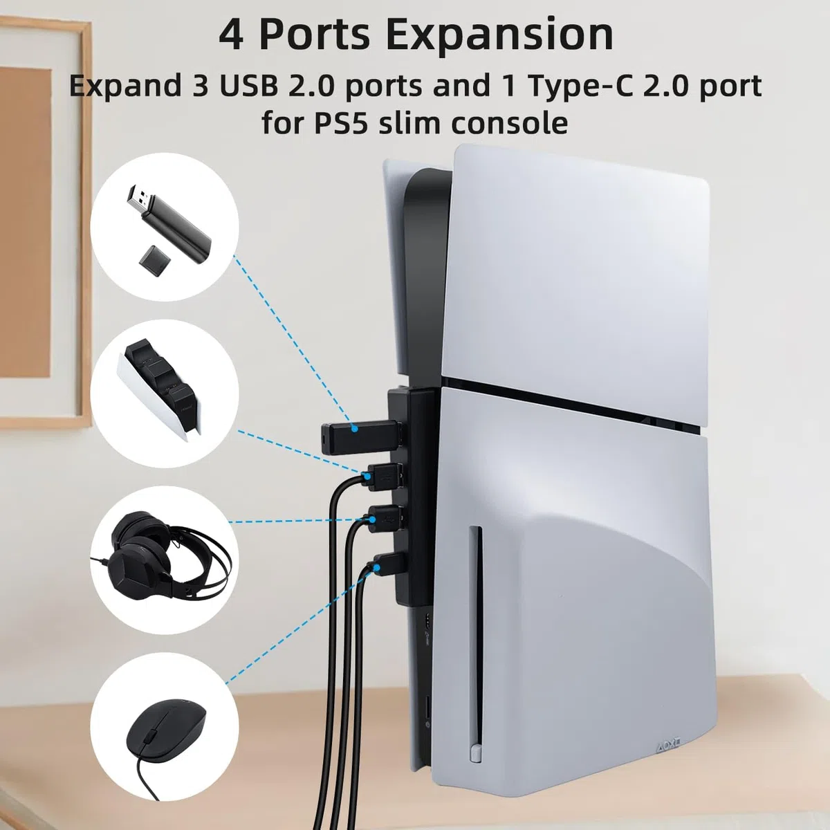 Mcbazel 4 porty PS5 Slim/ PS5 Pro USB, hub USB 2.0, szybka ładowarka, adapter rozdzielacza do PS5 Slim/PS5 Pro, nie pasuje do PS5