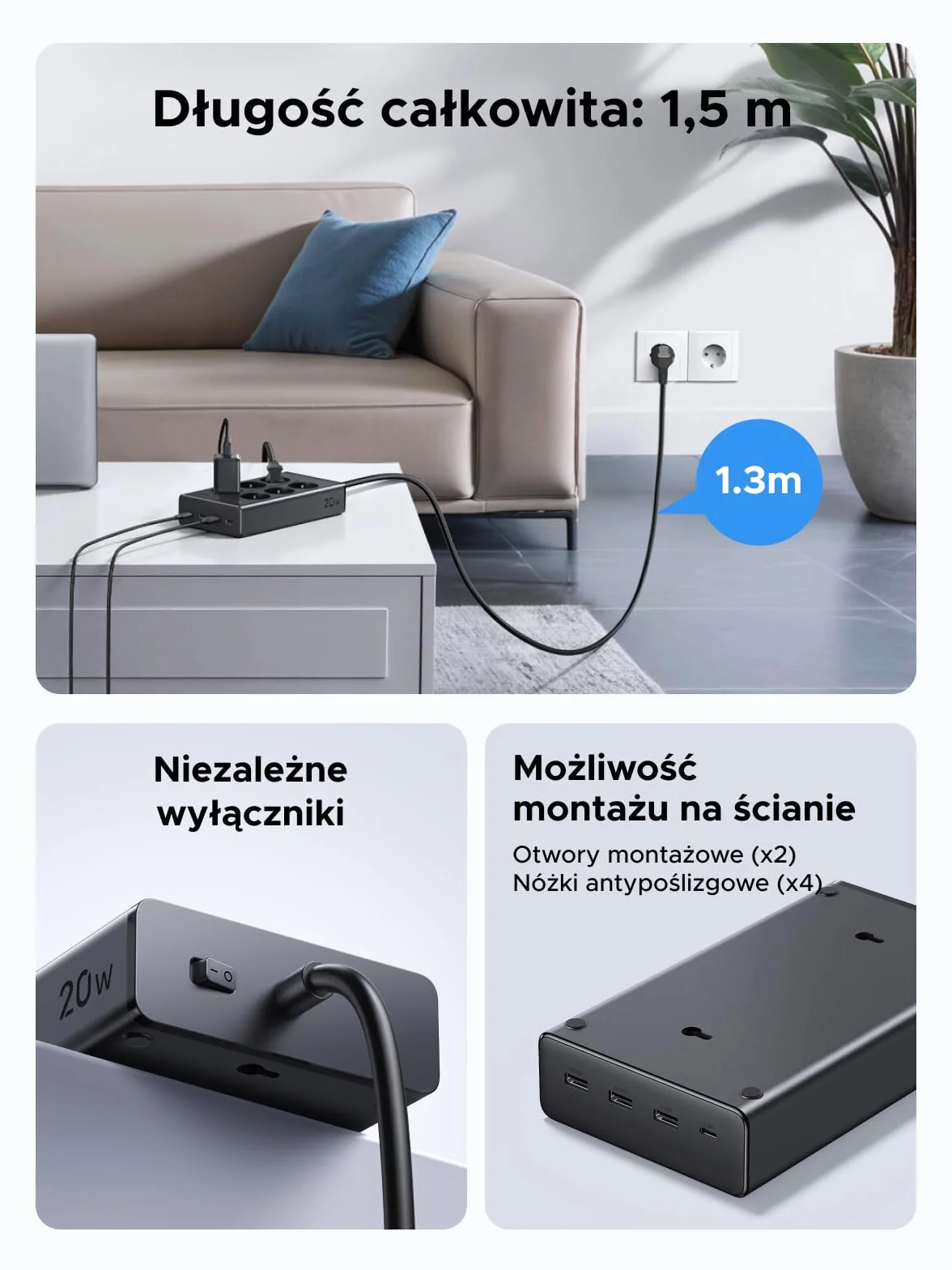 Listwa zasilająca UGREEN z gniazdem USB, gniazdko 10 w 1 z przełącznikiem, szybkie ładowanie 20 W, listwa zasilająca 3680 W z zabezpieczeniem przeciwprzepięciowym, 1,5 m, do biurek i biur