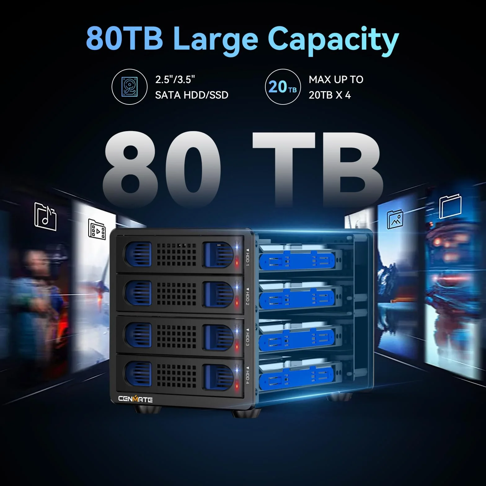 Obudowa dysku twardego, CENMATE 4-wnękowa obudowa RAID 5Gbps z wentylatorem do 2,5/3,5 SATA HDD/SSD, kabel USB A/C 3.0＋eSATA, obudowa dysku twardego 3,5 obsługuje pojemność 80TB, 8 trybów RAID, DAS