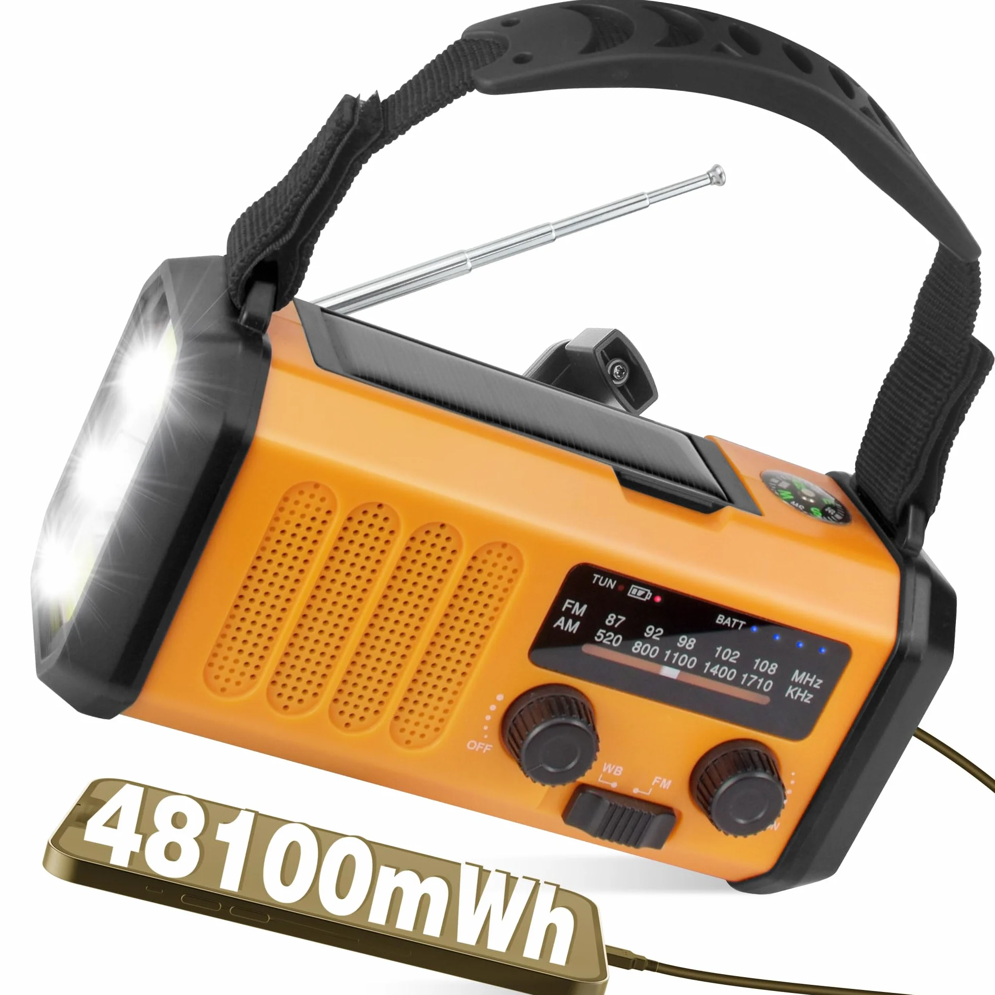 48100mWh/13000mAh Solarne Radio Awaryjne z Korbą Ręczną, 4 Kierunkowy Przenośny Akumulator AM FM Radio,ładowarka do Telefonu,Latarka i Lampka do Czytania,SOS,Kompas dla Przetrwanie Czarnout Kempingowy