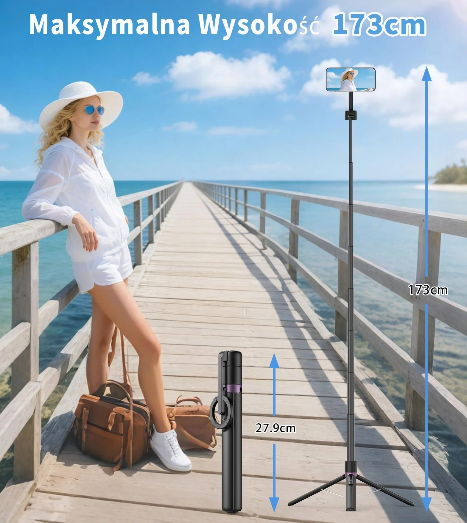TONEOF 173cm Magnetyczny statyw do selfie, mocny magnetyczny uchwyt aluminiowy do Magsafe, obrót o 360°, wysuwany statyw z pilotem, przenośny statyw do telefonu komórkowego–Czarny Fioletowy