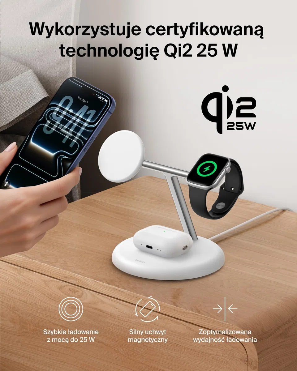 Belkin UltraCharge Bezprzewodowa Stacja Ładująca 3 w 1 z Qi2, 25 W – Biała | Zgodna z MagSafe Ładowarka do Urządzeń iPhone, Apple Watch i Słuchawek, Certyfikat Qi2.2, z Kablem USB-C i Zasilaczem 45 W