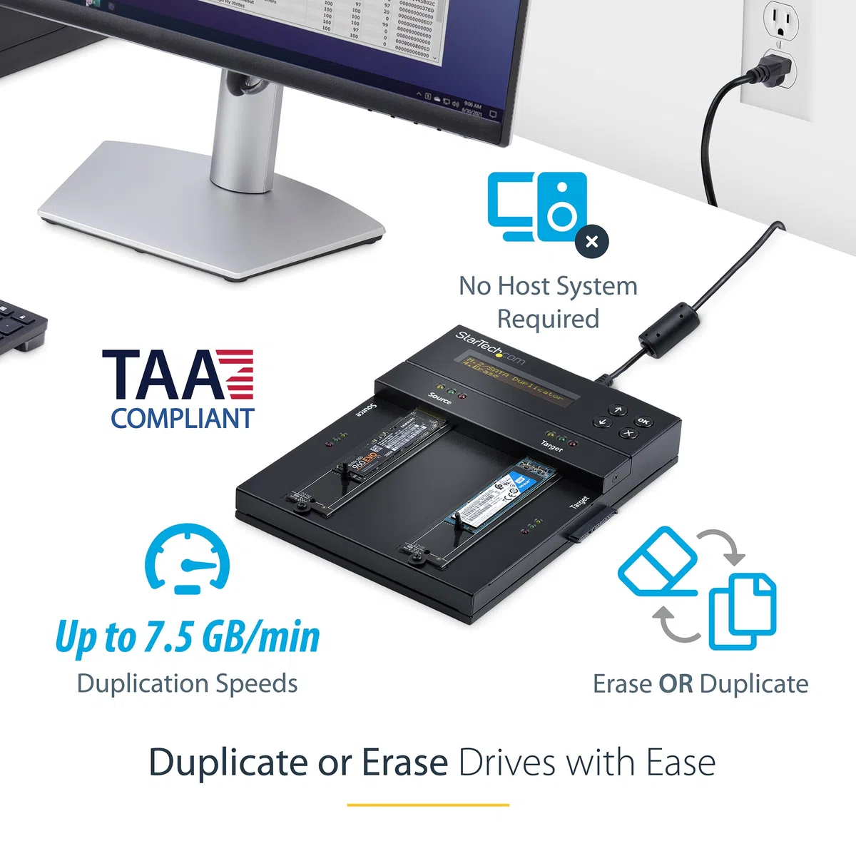 StarTech.com Samodzielny duplikator i gumka M.2 SATA i M.2 NVMe - kloner/wycieraczka HDD/SSD do M.2 PCIe AHCI/NVMe, M.2 SATA, 2,5/3,5-calowych dysków SATA - zewnętrzny dysk twardy gumka/duplikator,