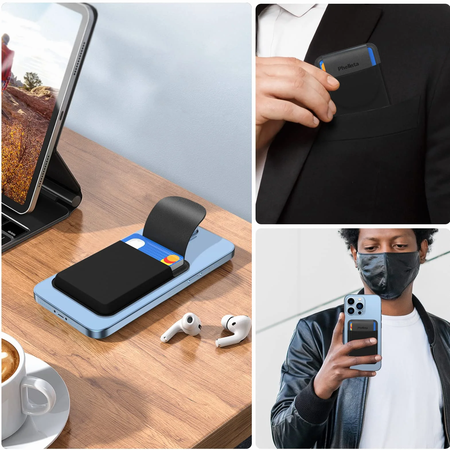 Phelinta Magnetic Wallet Kompatybilny z MagSafe Wallet dla iPhone 17/Air/16/15/14/13/12 Serii, Magnetyczny Portfel na Karty Kredytowe z Klapką, Przechowuj 5 Karty