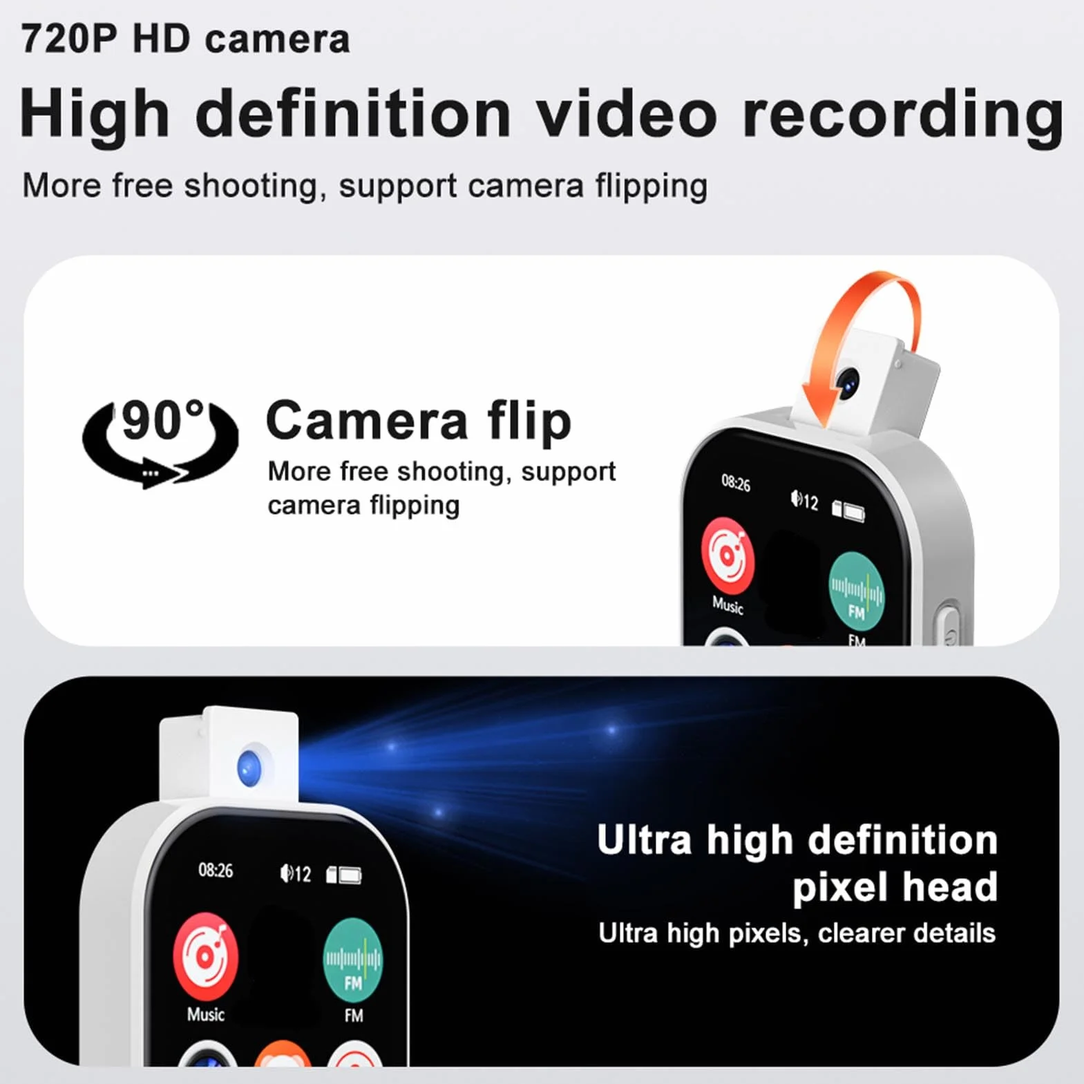 Odtwarzacz MP3 z 5.4, Odtwarzacz Muzyki z Głośnikiem HiFi, Aparat Flip HD 720P, Ekran Dotykowy 2,01 Cala, e -booki Radiowe FM (128G Mała karta pamięci)