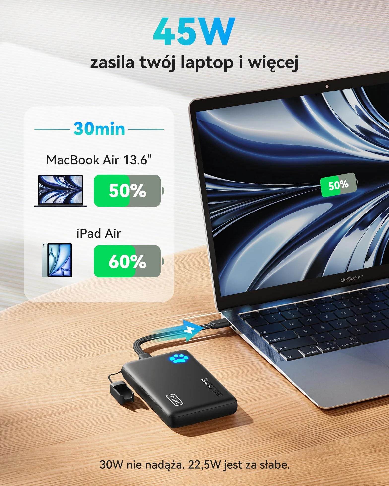 INIU Power Bank, powerbank 45 W, 10 000 mAh, najlżejszy i mały, ale mocny (USB C In& Out), PD3.0 zewnętrzne akumulatory do telefonów komórkowych z lampą błyskową, kompatybilne z iPhone 17 16 15 Pro