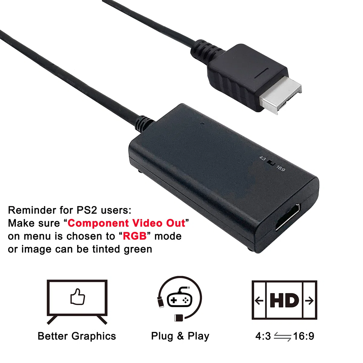 LevelHike Kabel HDMI do konsoli Playstation 2 i Playstation 1 (PS2 i PS1), adapter PS1/PS2 na HDMI z prawdziwym wyjściem sygnału RGB (100% ulepszona jakość wideo), konwerter HD z przełącznikiem