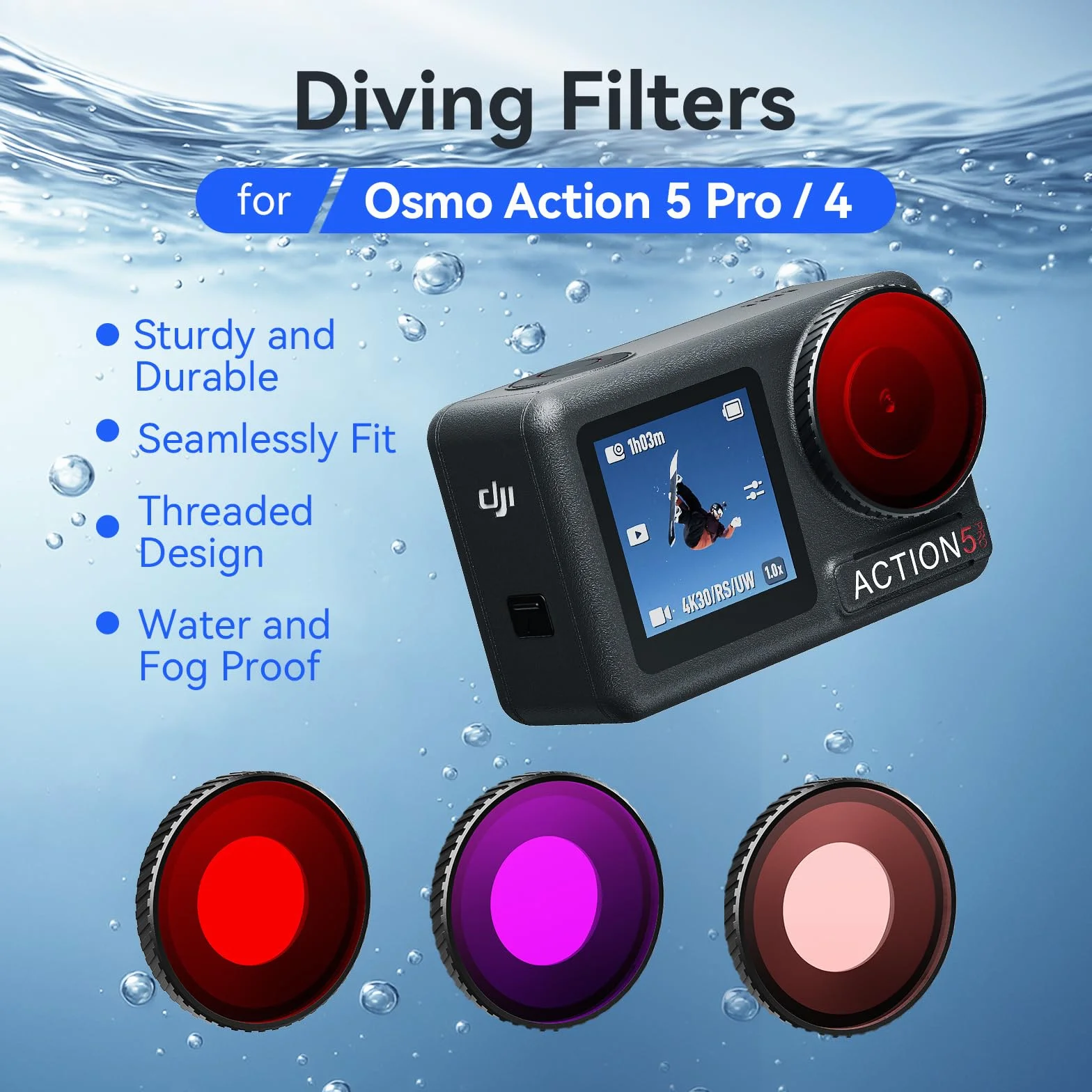 Filtr zanurzeniowy do DJI Osmo Action 5 Pro jasnoczerwony/czerwony/fioletowy, filtr podwodny ochrona obiektywu, akcesoria do DJI Osmo Action 5 Pro 4 (jasnoczerwony)