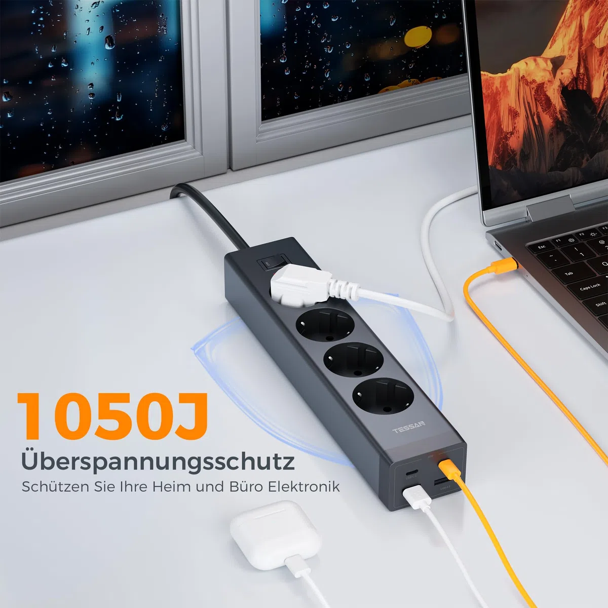 TESSAN 4-drożne gniazdko wielokrotne z przedłużaczem 2 m, czarne | Listwa zasilająca z 2 gniazdami USB C i 2 USB A, wtyczka wielokrotna z przełącznikiem, 3600 W, listwa zasilająca