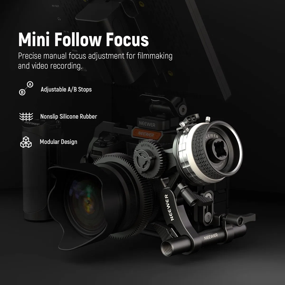 NEEWER Mini Follow Focus z ogranicznikami A/B, zębatką obiektywu, prętem 15 mm i zaciskiem drążkowym do kamery filmowej, lustrzanki cyfrowej/aparatu bezlusterkowego, kompatybilna z obiektywem o