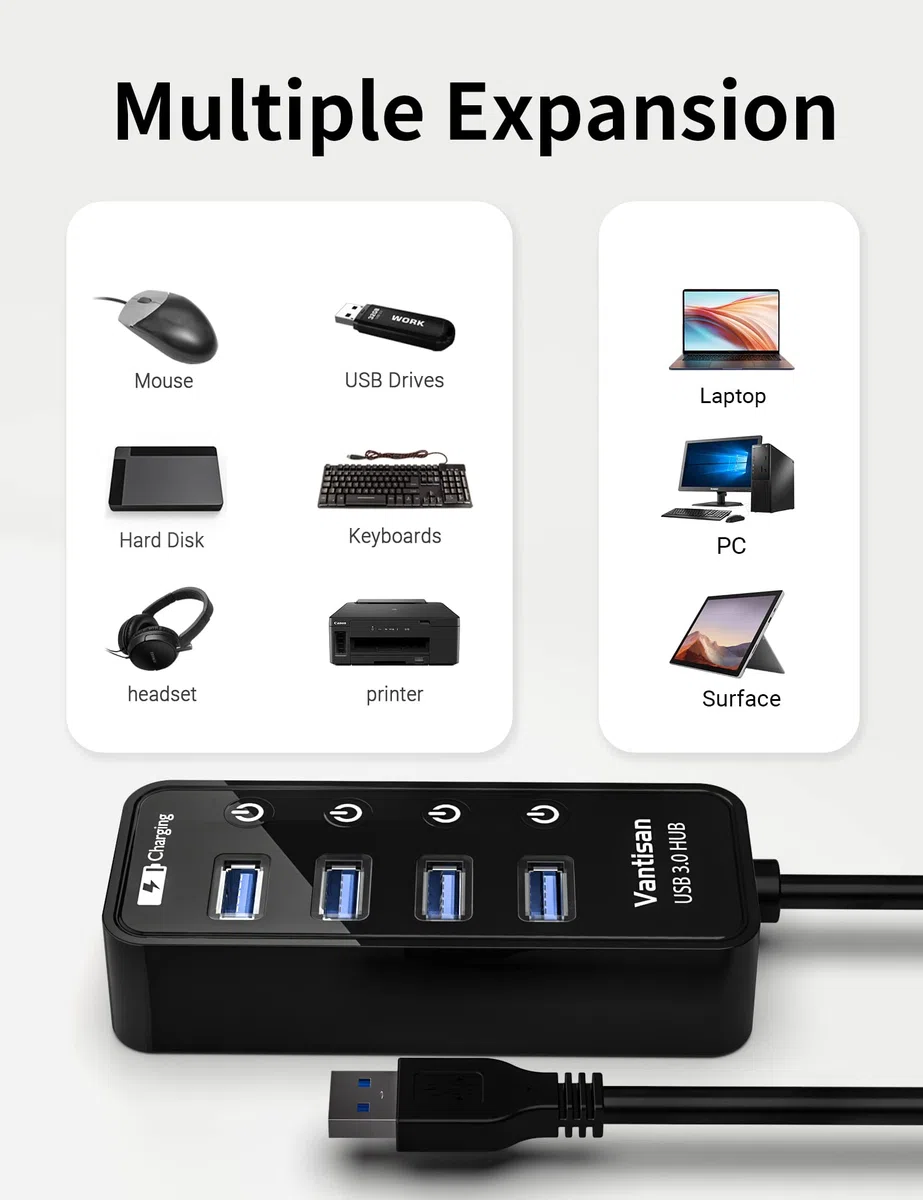 vantisan 4 porty USB 3.0 Hub zasilany z zasilaczem 5 V/3 A