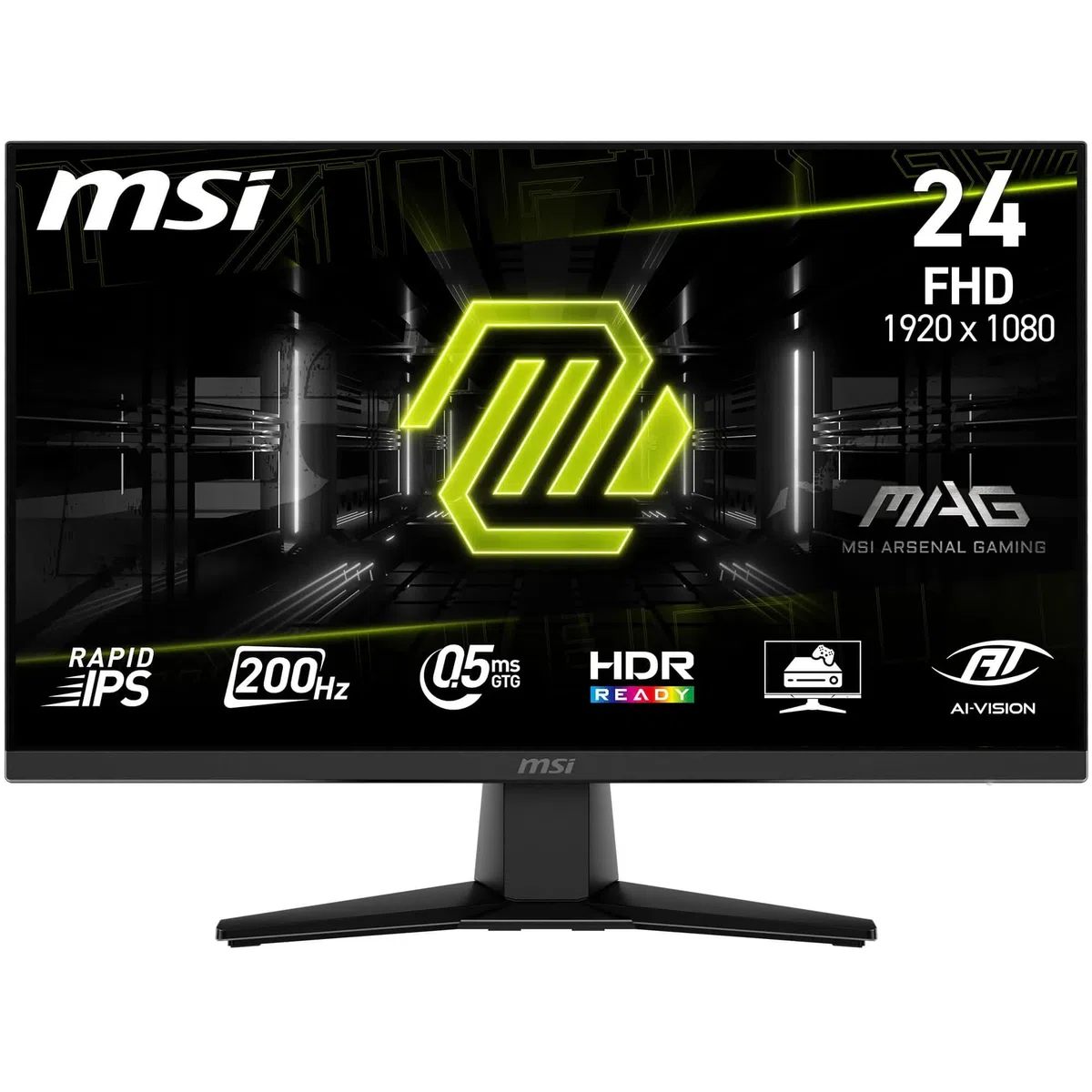 MSI MAG 242F Gaming Display 24'' FHD - Szybki panel IPS 1920 x 1080, 200 Hz / 0,5 ms, HDR Ready, AMD FreeSync Premium, HDMI 2.0b, DP 1.2a, konstrukcja bez obramowania, odchylana, kompatybilny z VESA
