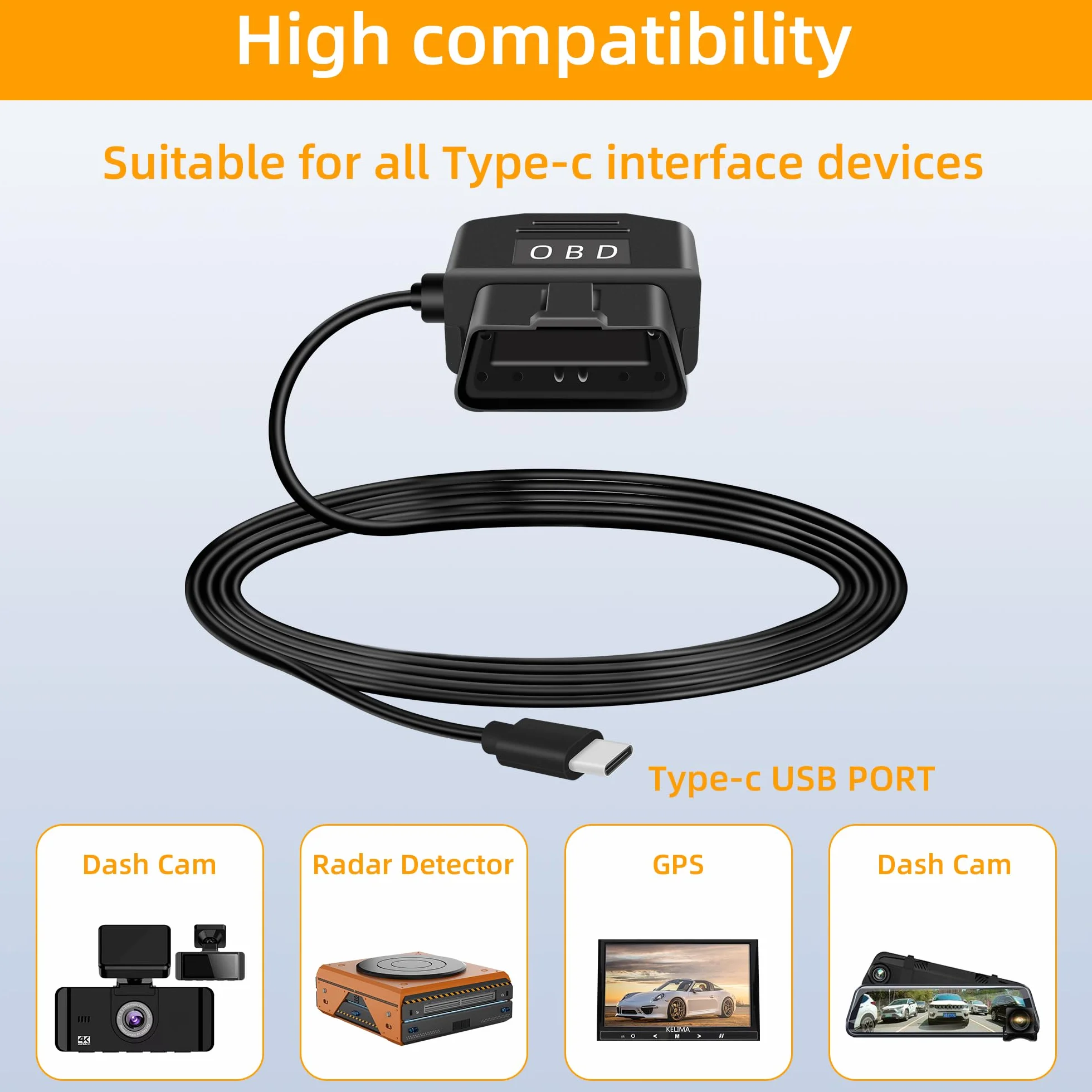GELRHONR Kabel zasilający OBD USB C do pojazdów elektronicznych, kamery na deskę rozdzielczą, 12-24 V OBD2, zestaw Hardwire z przyciskiem przełącznika, 24-godzinny nadzór i tryb Acc 2