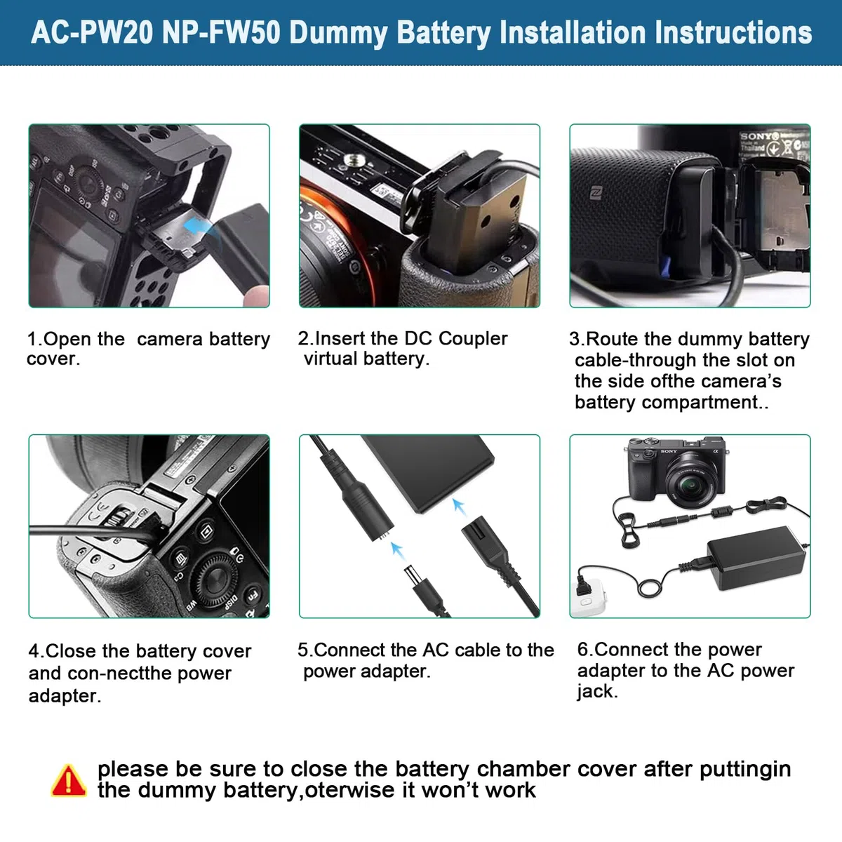 Dummy akumulator NP-FW50, AC-PW20 zasilacz sieciowy, kompatybilny z Sony Alpha ZV-E10 ZVE10 A7 7R 7S A7II 7RII 7SII, A6500 A6400 A6300 A6100 A6000, NEX 3/5/6/7, DSC RX10 II III III IV kamery.