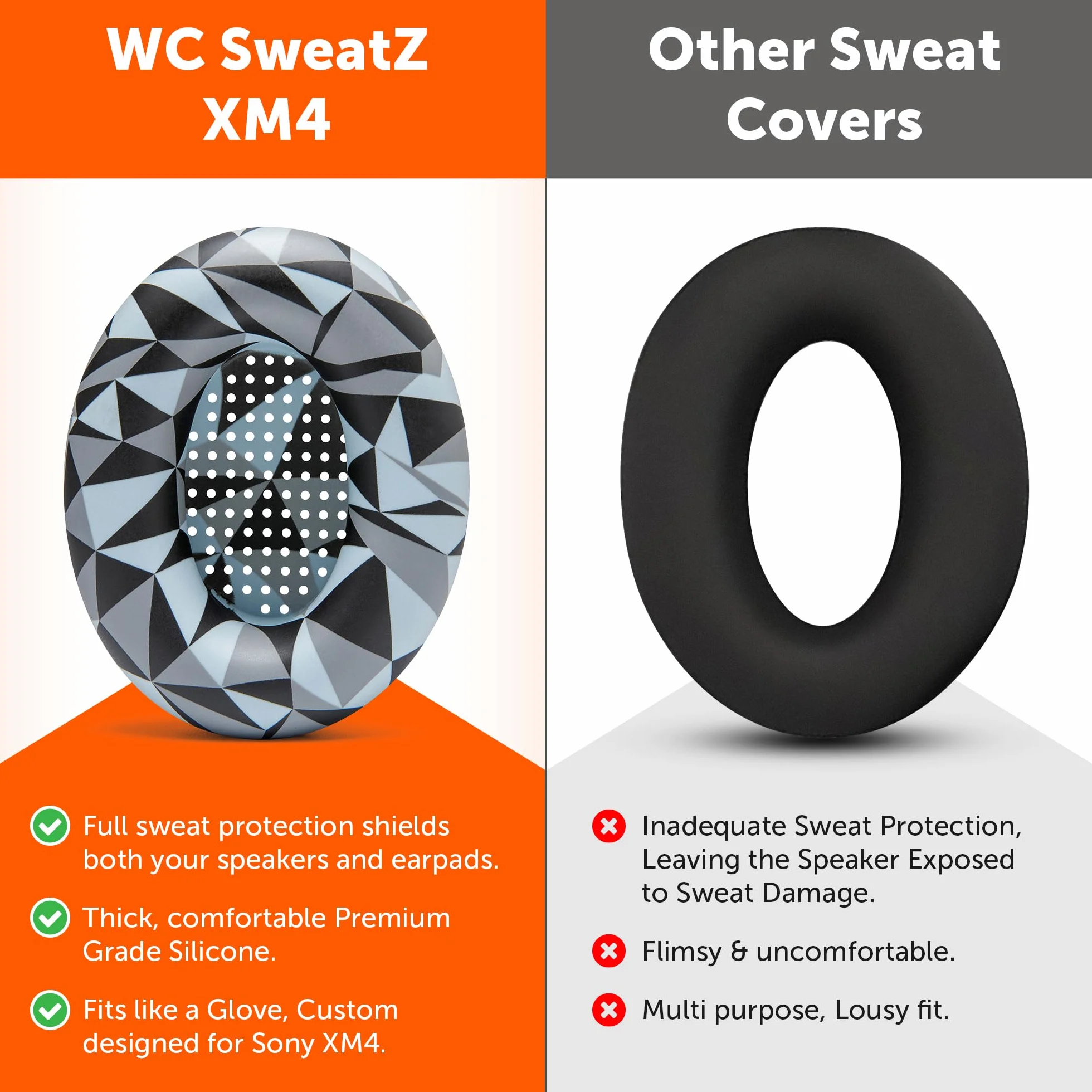 WC SweatZ XM4 — opatentowane nauszniki ochronne do Sony WH1000XM4 firmy WC | Silikonowe nauszniki do słuchawek Sony WH-1000XM4 | Odporny na pot i łatwy do prania | Geo Grey