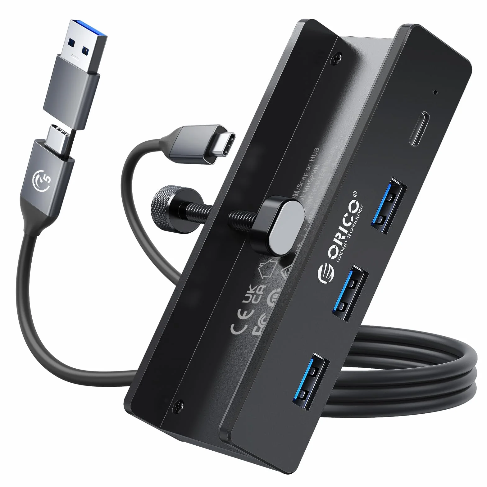 ORICO hub USB, aluminiowy hub USB 3.0 z mocowaniem 5V, 5Gbps 4-portowy rozdzielacz USB z 3 portami Typ-A 3.0 i 1 portem Typ-C 3.0, kabel 100 cm (C na A/C), do monitorów, biurek