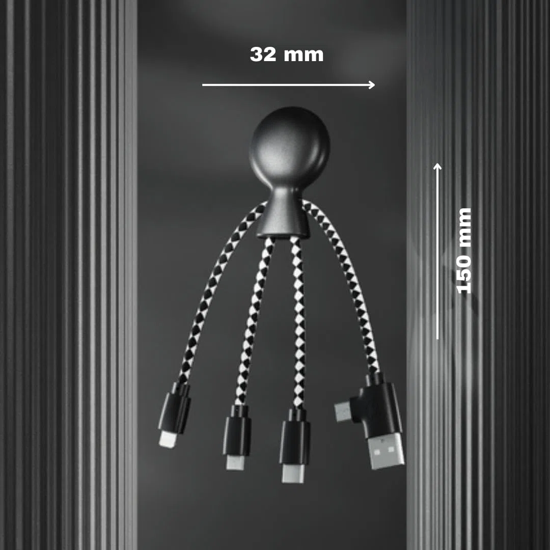 Xoopar - Mr Bio 4w1 kabel Multi USB w kształcie czarnej ośmiornicy - uniwersalna ładowarka z tworzywa sztucznego z recyklingu - gniazdo USB, USB-C, Lightning, Micro USB do uniwersalnego smartfona