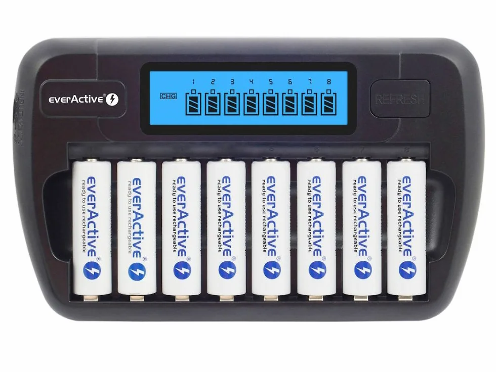 everActive Ładowarka do 8 akumulatorów AAA AA, szybkie ładowanie - 4 godziny zestaw akumulatorów, wyświetlacz LCD, tryb odświeżania, adapter samochodowy, model: NC-800