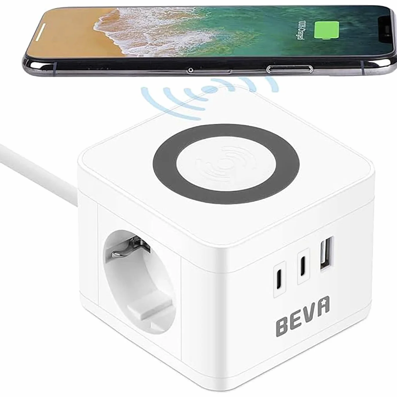 Socket Cube, BEVA Cube Kostka z 2 gniazdami +2 USB C+1 USB-A, z funkcją ładowania bezprzewodowego, ładowarka do telefonu komórkowego, w podróży, gospodarstwie domowym i biurze, biała