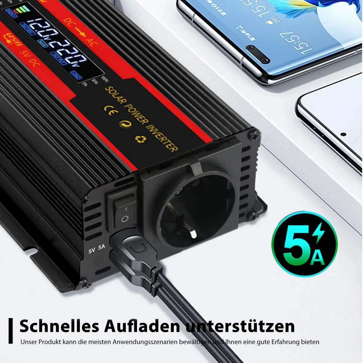 Przetwornica napięcia DC 12 V/24 V na AC 230 V, zmodyfikowana fala sinusoidalna, fala solarna 700 W/2000 W z gniazdami UE, 2 adaptery USB do samochodów osobowych, ciężarowych, przyczep kempingowych