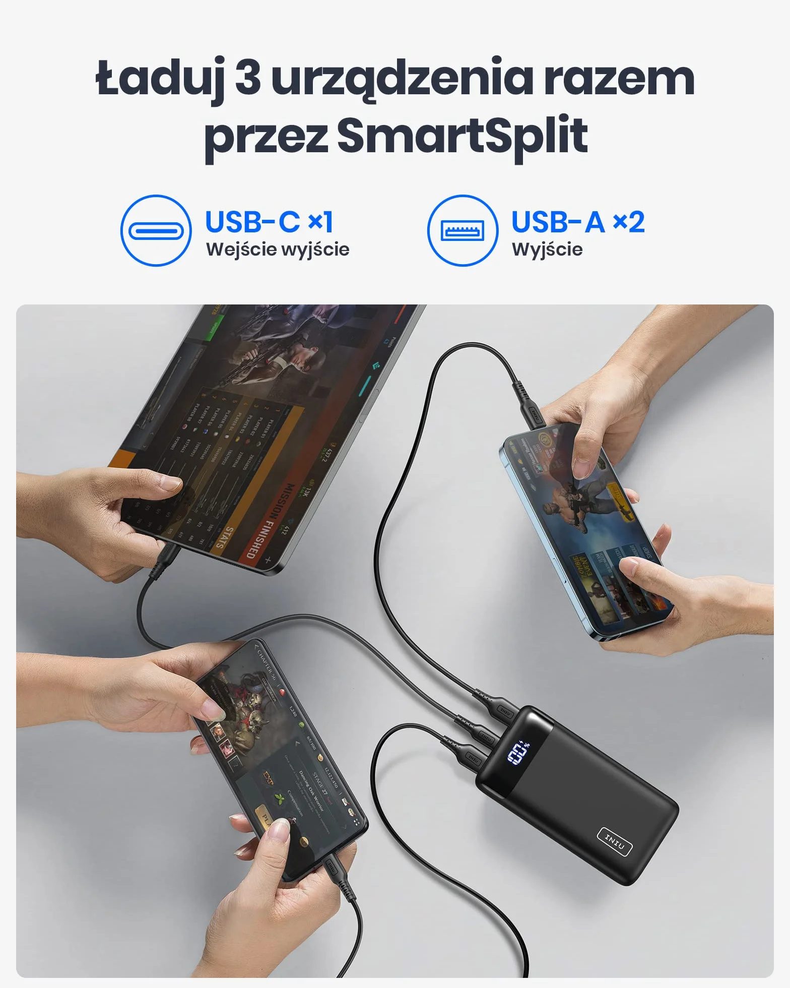 INIU Power Bank, 20000mAh Powerbank Szybkie Ladowanie USB C in & out, 22.5W PD 3.0 QC 4.0 Wyświetlacz LED Akumulator Telefon Kompatybilny z iPhone 16 15 14 13 12 Pro Max Samsung Google iPad Tablet etc