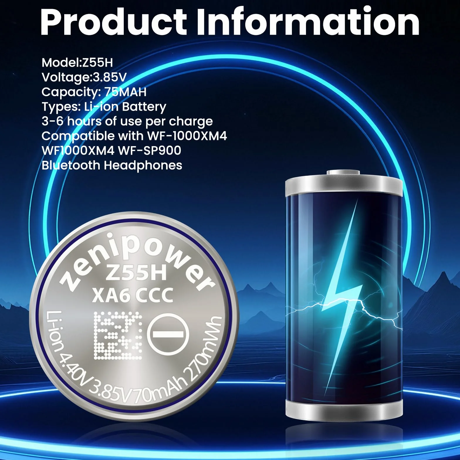 2 sztuki baterii Z55H, nowe ulepszenie z 2024 roku, kompatybilne z WF-1000X WF-1000XM4 WF-1000XM3 WF-SP900 WF-H800 WF-SP700N WF-XB700 WF-C700N WF-C500 WI-SP600N WI-C600N Z narzędziem klejącym 3,85V