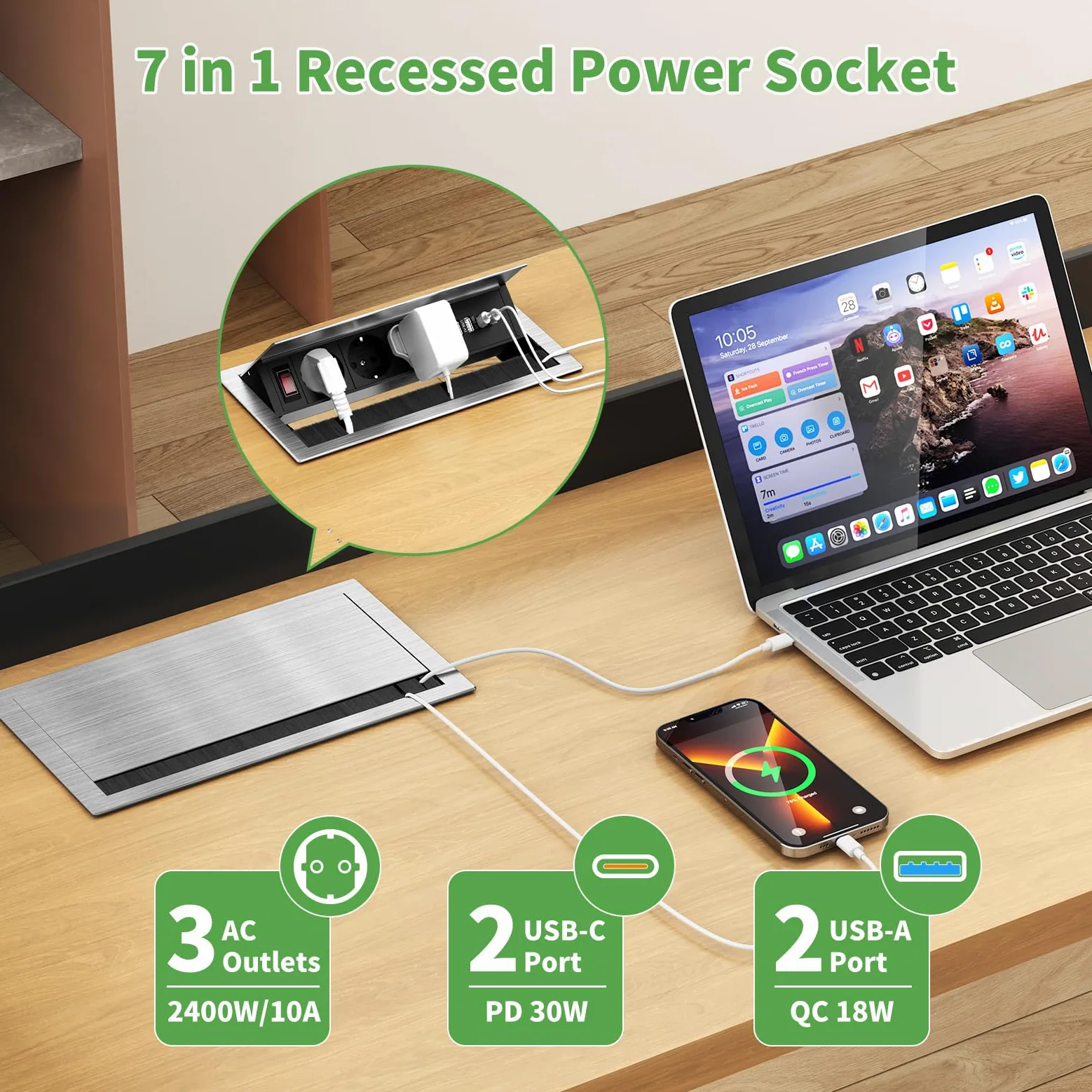 Aluminiowe gniazdko wtykowe z 2 USB-C PD 30 W i 2 USB-A, gniazdko do zabudowy, 3 gniazda z USB i przełącznikiem, wpuszczane gniazdko z USB, do sali konferencyjnej, domu, biura, kabel 1,8 m, 2400 W/10