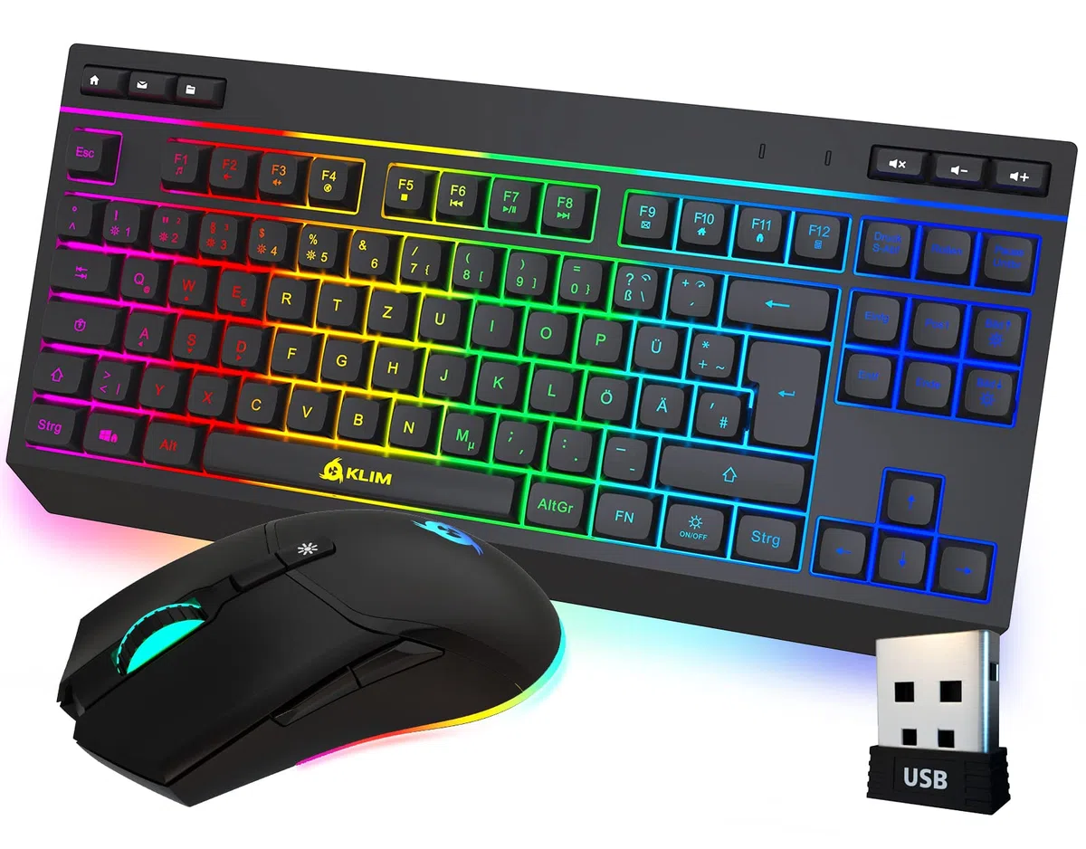 KLIM Duo – nowość 2023 – klawiatura bezprzewodowa – kompaktowa, wytrzymała, ergonomiczna – podświetlana klawiatura TKL bezprzewodowa – bezprzewodowa mysz i klawiatura RGB – trwała wbudowana bateria