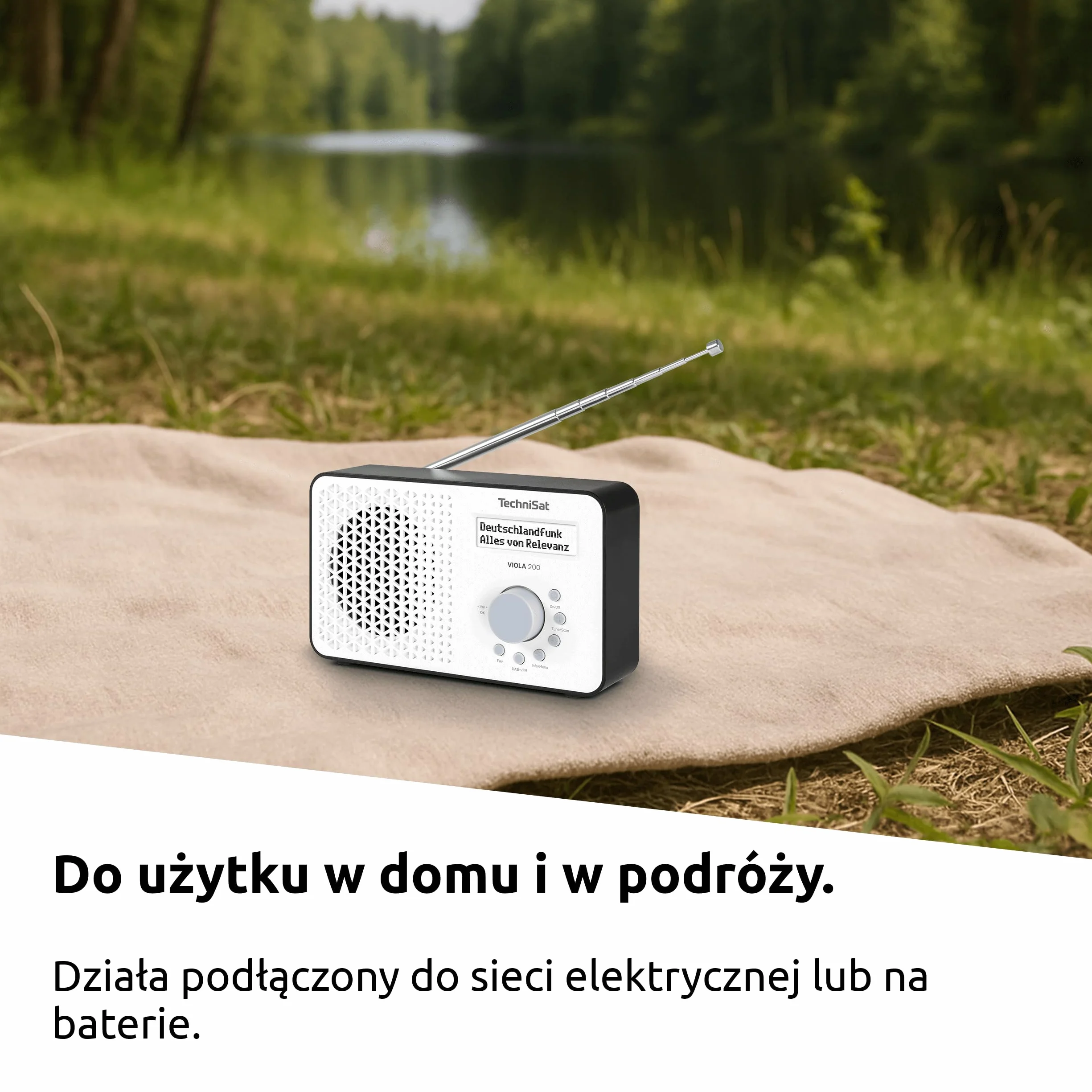 TechniSat VIOLA 200 – przenośne radio DAB+/FM (LCD, antena teleskopowa, pamięć ulubionych, wyjście słuchawkowe, zasilanie sieć/baterie, głośnik mono, RDS, PLL) biało-czarne