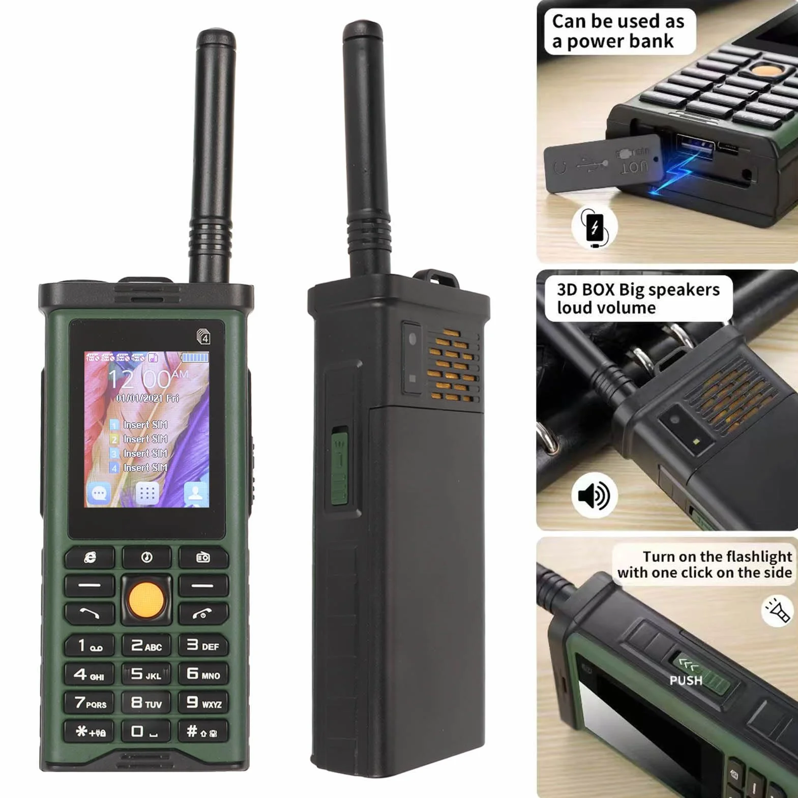 Telefon Komórkowy dla Seniorów, Telefon Komórkowy na 4 Karty SIM Funkcja Latarki Zdejmowany Pręt Anteny do Użytku na Zewnątrz (Zielony)