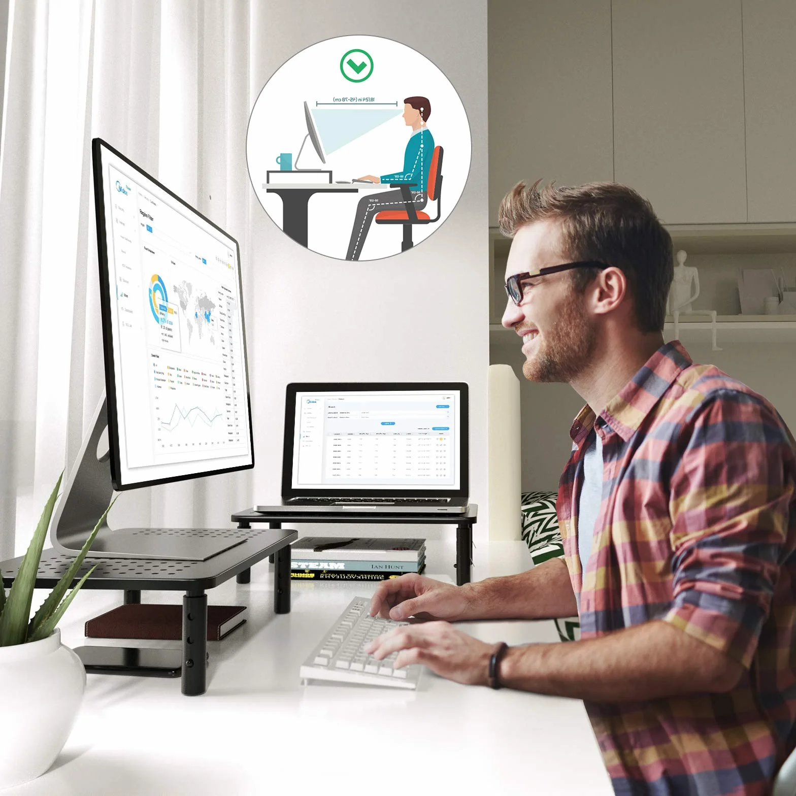 HUANUO Uchwyt na monitor – ergonomiczny i regulowany uchwyt na laptopa w 3 wysokościach z siatkową platformą do laptopa, komputera, iMaca, PC, drukarka do 20 kg