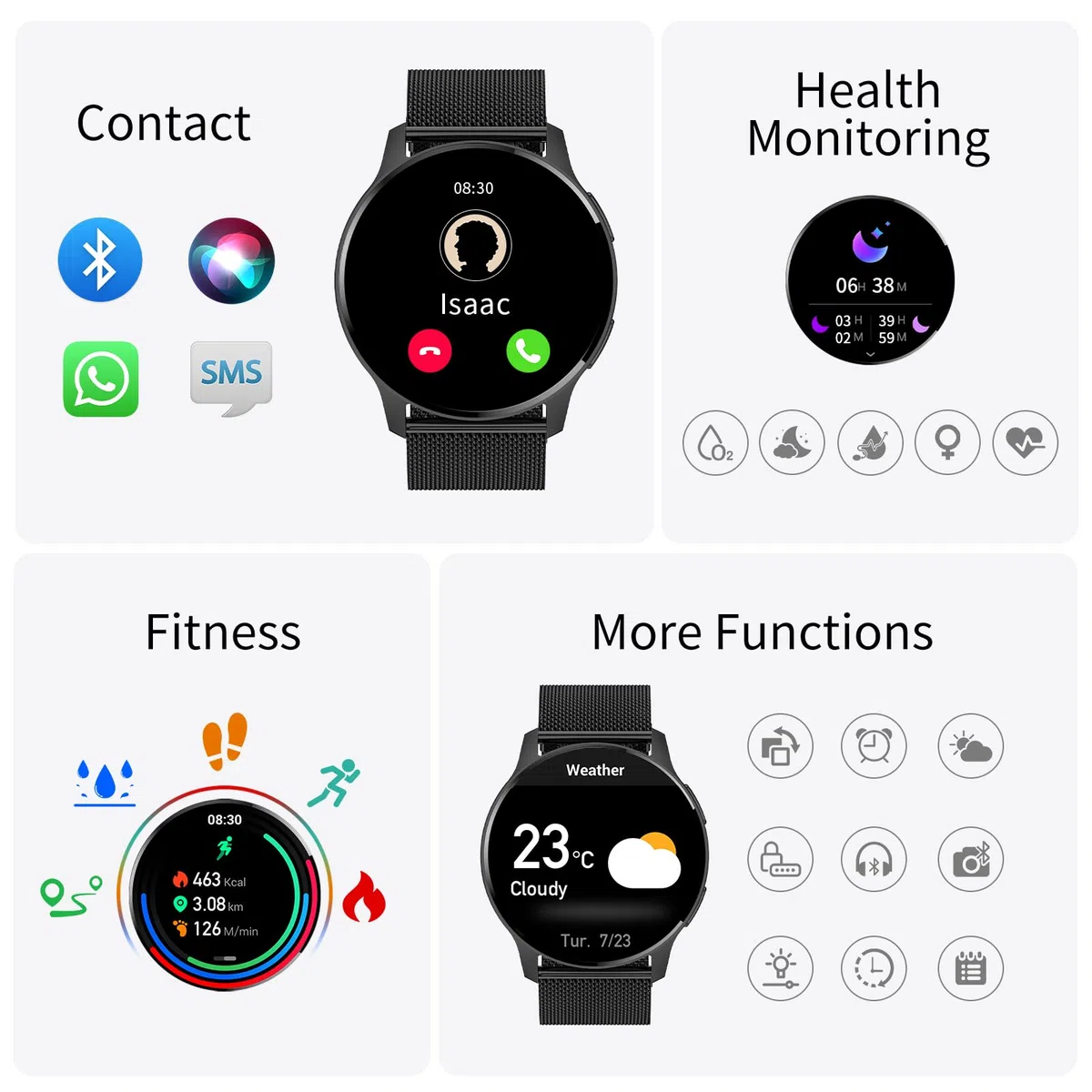 Smartwatch Damski Męski Inteligentny Zegarek Telefon 1.34" Ekran Dotykowy HD Zegarek Fitness Okrągły Wodoodporny Krokomierz Monitor Cykl Menstruacyjny Prezenty Android IOS [3 Paski]