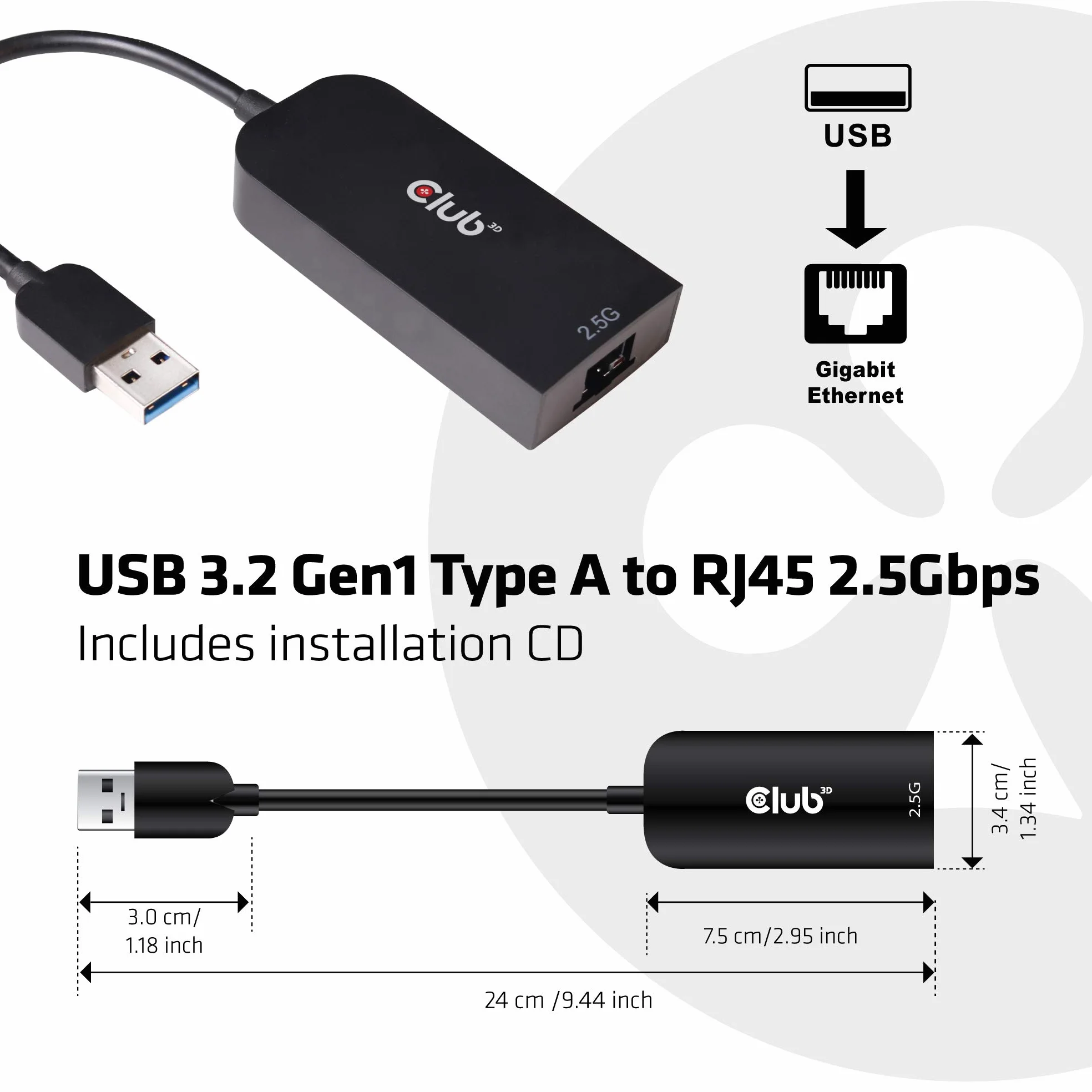 Club 3D CAC-1420 adapter USB 3.2 Gen1 typu A na 2,5 Gigabit Ethernet ST./BU. czarny