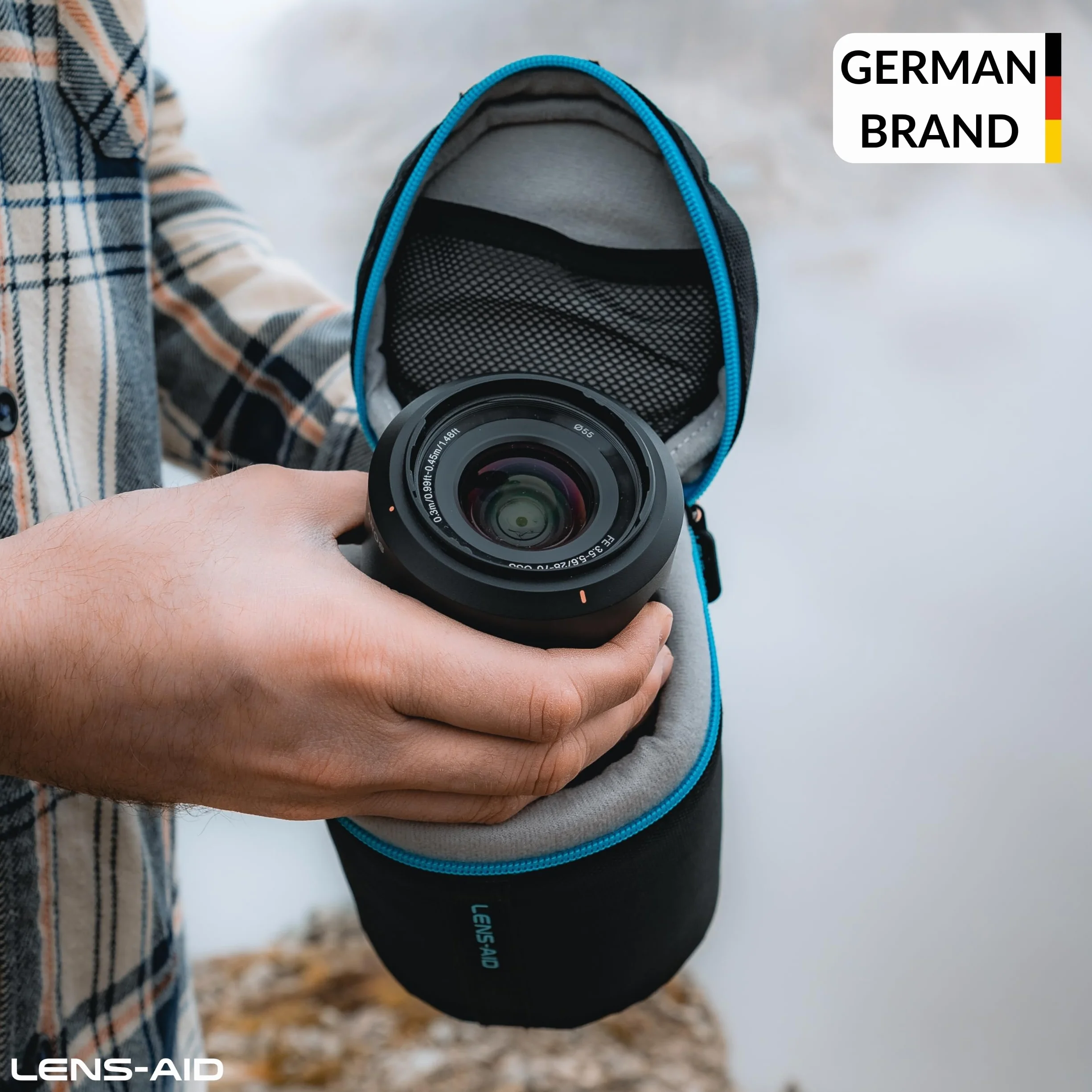 LENS-AID Torba na obiektyw grubo wyściełana: etui ochronne na obiektyw z zamkiem błyskawicznym i klamrą paska, czarny, XXL (12 x 35 cm), Dodatkowa torba