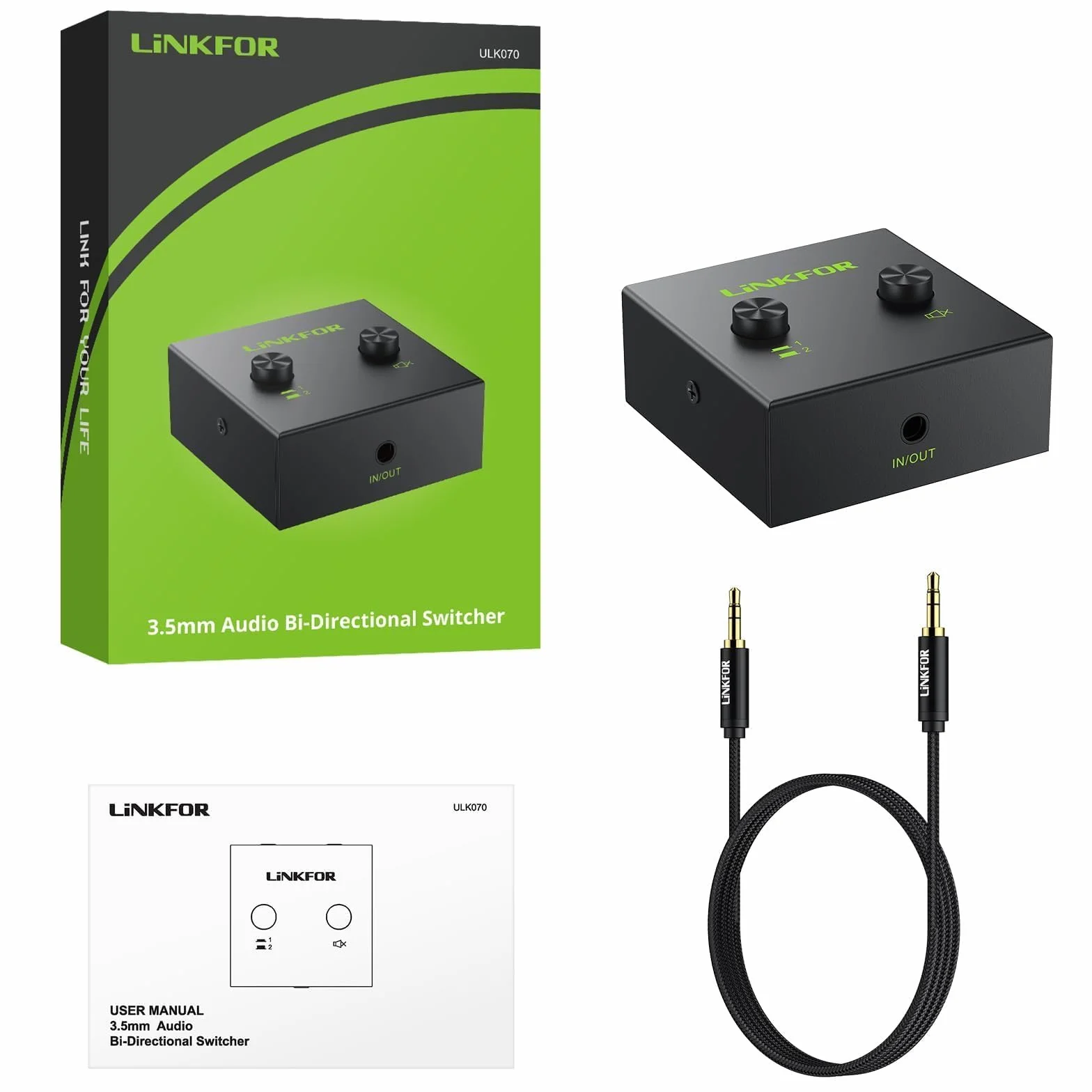 LiNKFOR Dwukierunkowy Przełącznik audio stereo 3,5 mm, przełącznik audio 2(1)-wejścia-1(2)-wyjścia, kabel 3,5 mm do komputera, telewizora, głośników