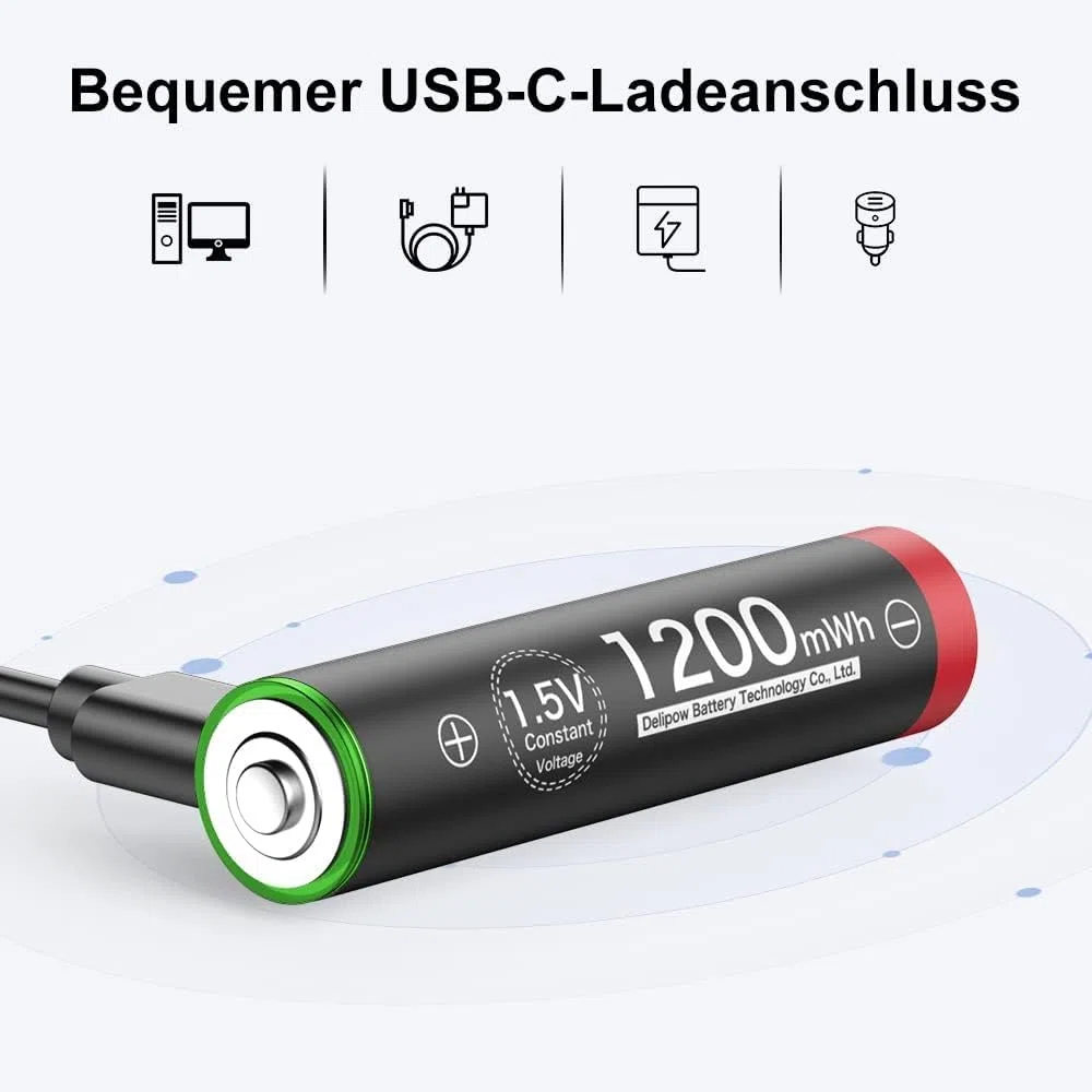 Akumulatory litowe USB-C AAA do ponownego ładowania, 1,5 V 1200 mWh USB baterie AAA z kablem do ładowania USB-C 4 w 1, szybkie ładowanie 1 godzina, 1500 cykli pracy, 16 sztuk