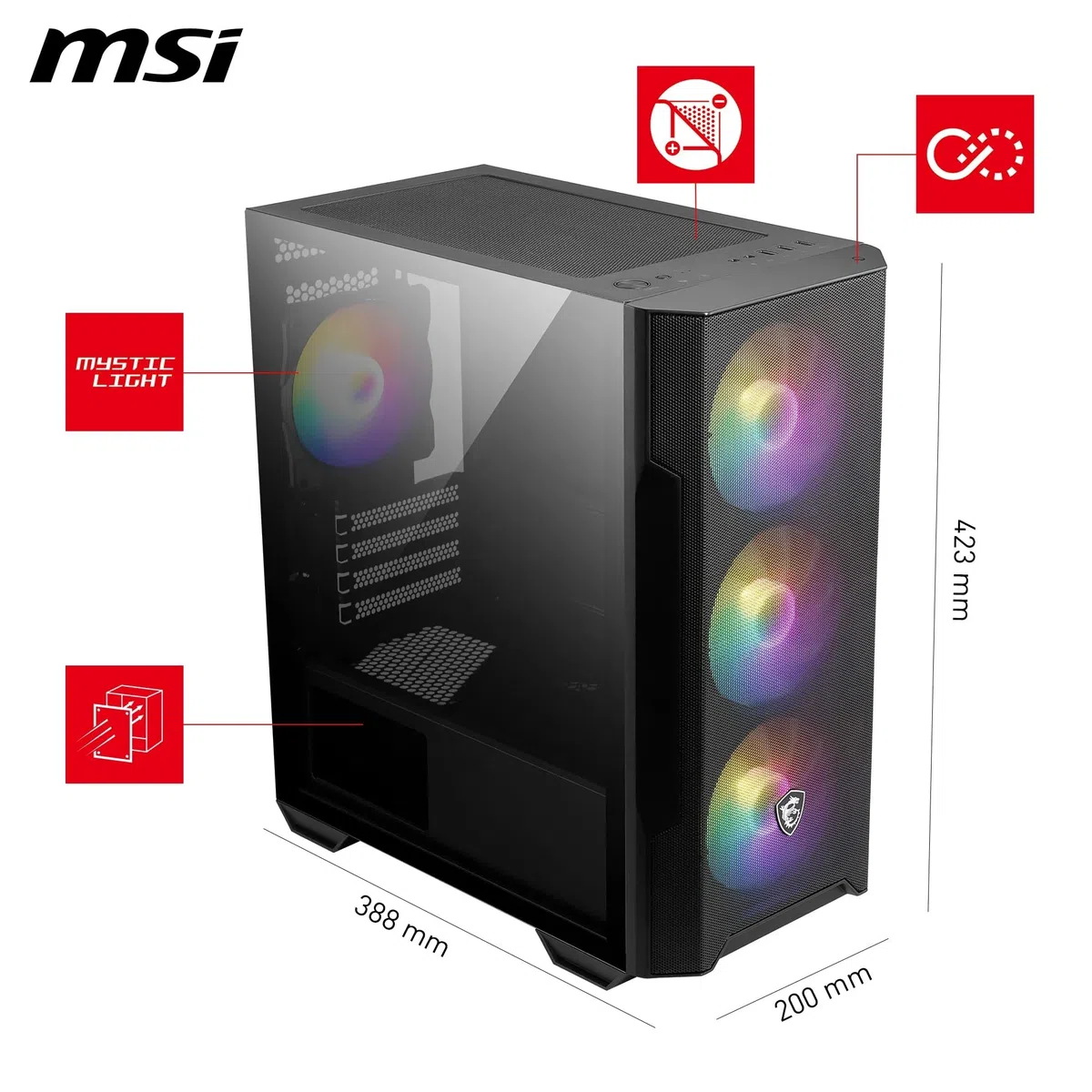 MSI MAG FORGE M100R Mini Tower obudowa PC, szkło hartowane, obsługuje Micro-ATX i Mini-ITX, Mesh Front, 4 x wentylator ARGB 120 mm z kontrolerem koncentratora, magnetyczny filtr kurzu, USB 3.2 Gen 1