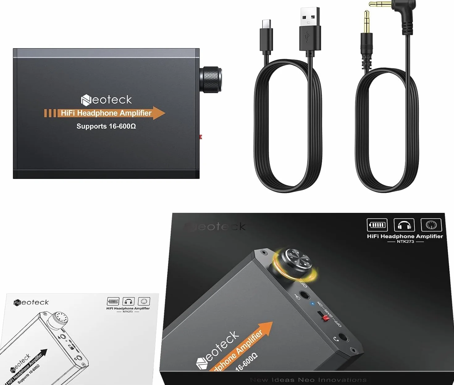 Neoteck Wzmacniacz słuchawkowy 3,5 mm z dwustopniowym włącznikiem wzmacniającym, przenośny wzmacniacz zestawu słuchawkowego HiFi, aluminiowa matowa powierzchnia